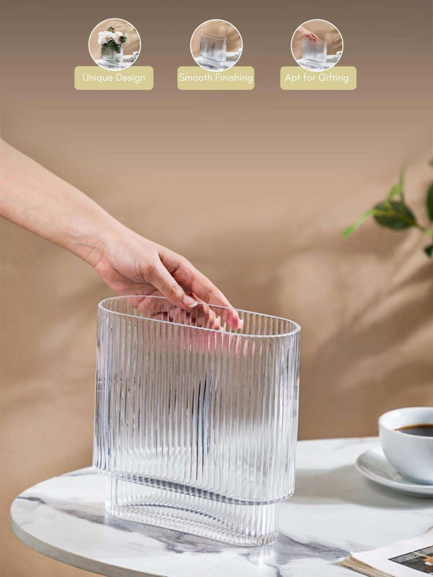 Nestasia Unique And Contemporary Sturdy Fluted Rectangular Ripple Textured Modern Glass Vase 8"