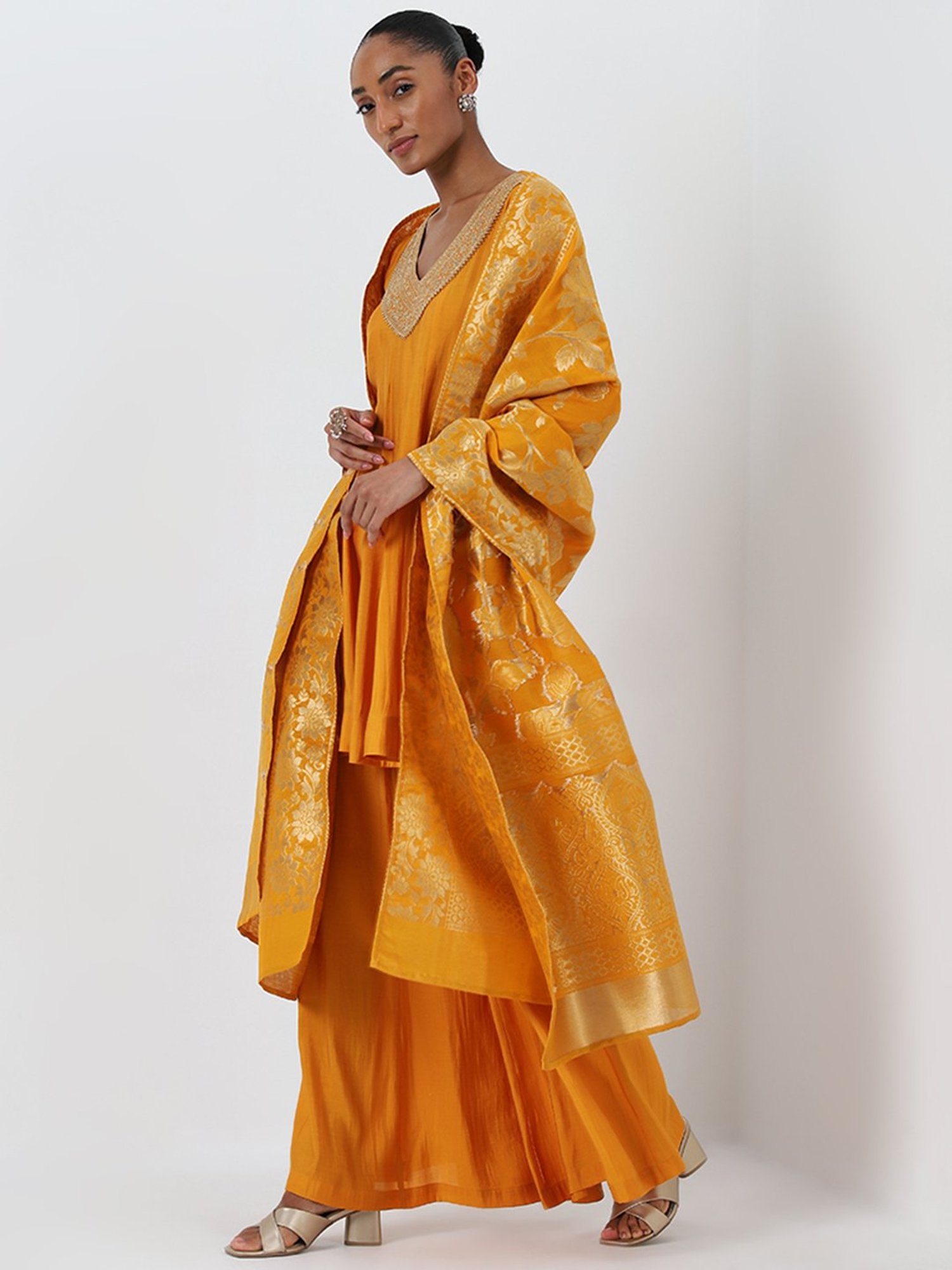 Vark by Westside Mustard Embellished Kurti, Palazzos and Dupatta Set