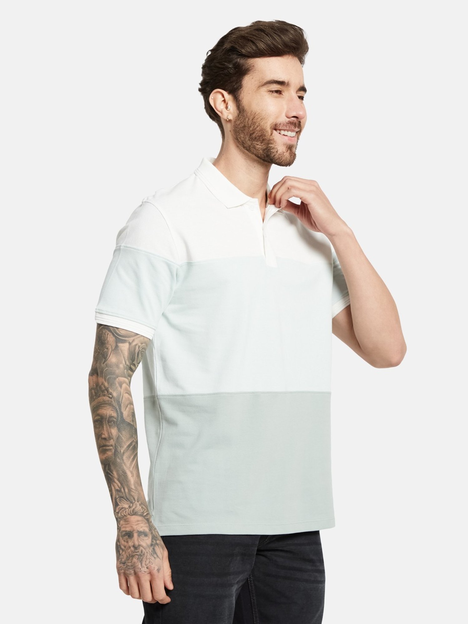 Octave Dusty Mint Cotton Regular Fit Colour Block Polo T-Shirt