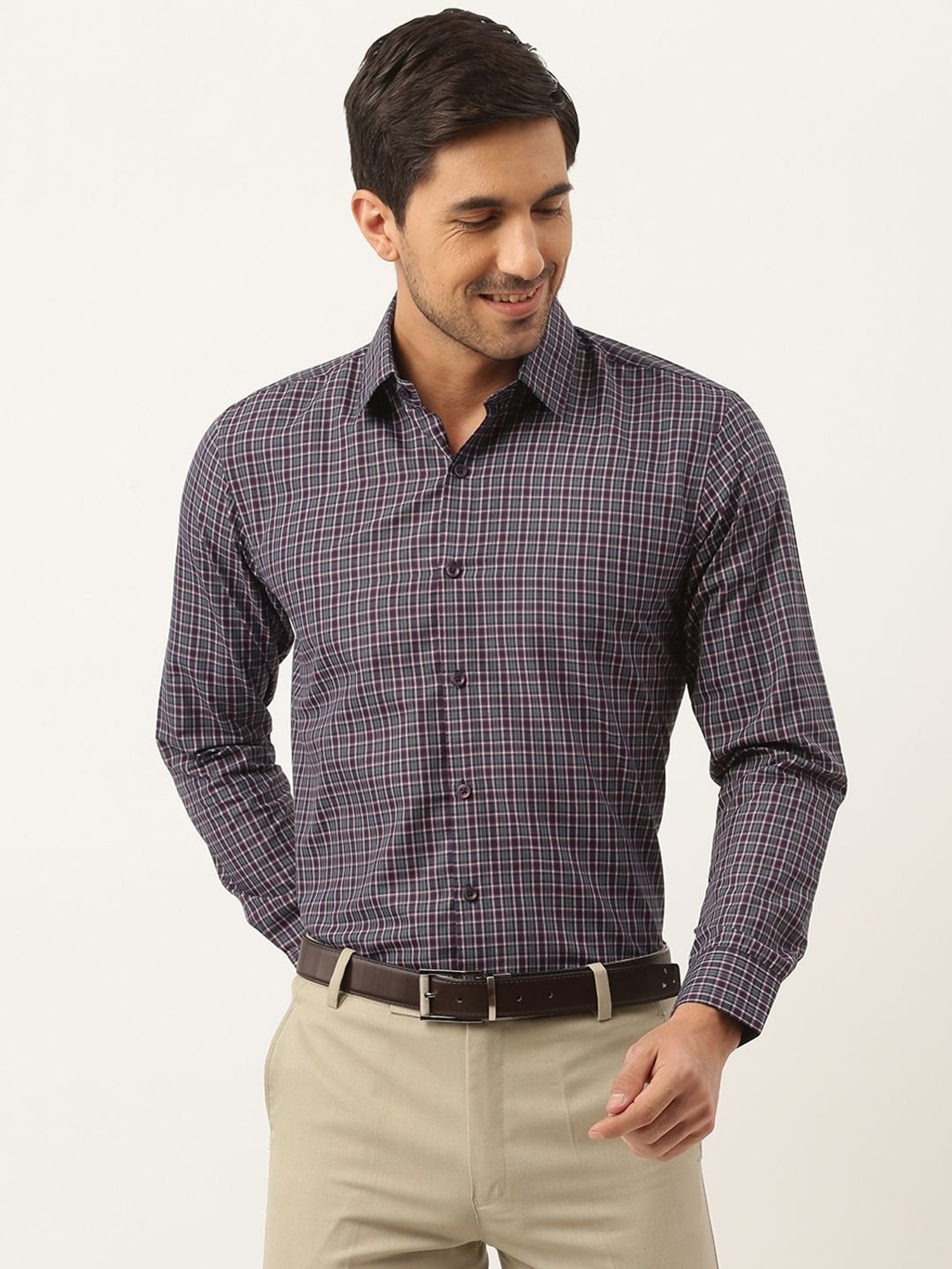 Sojanya Navy Cotton Regular Fit Checks Shirt