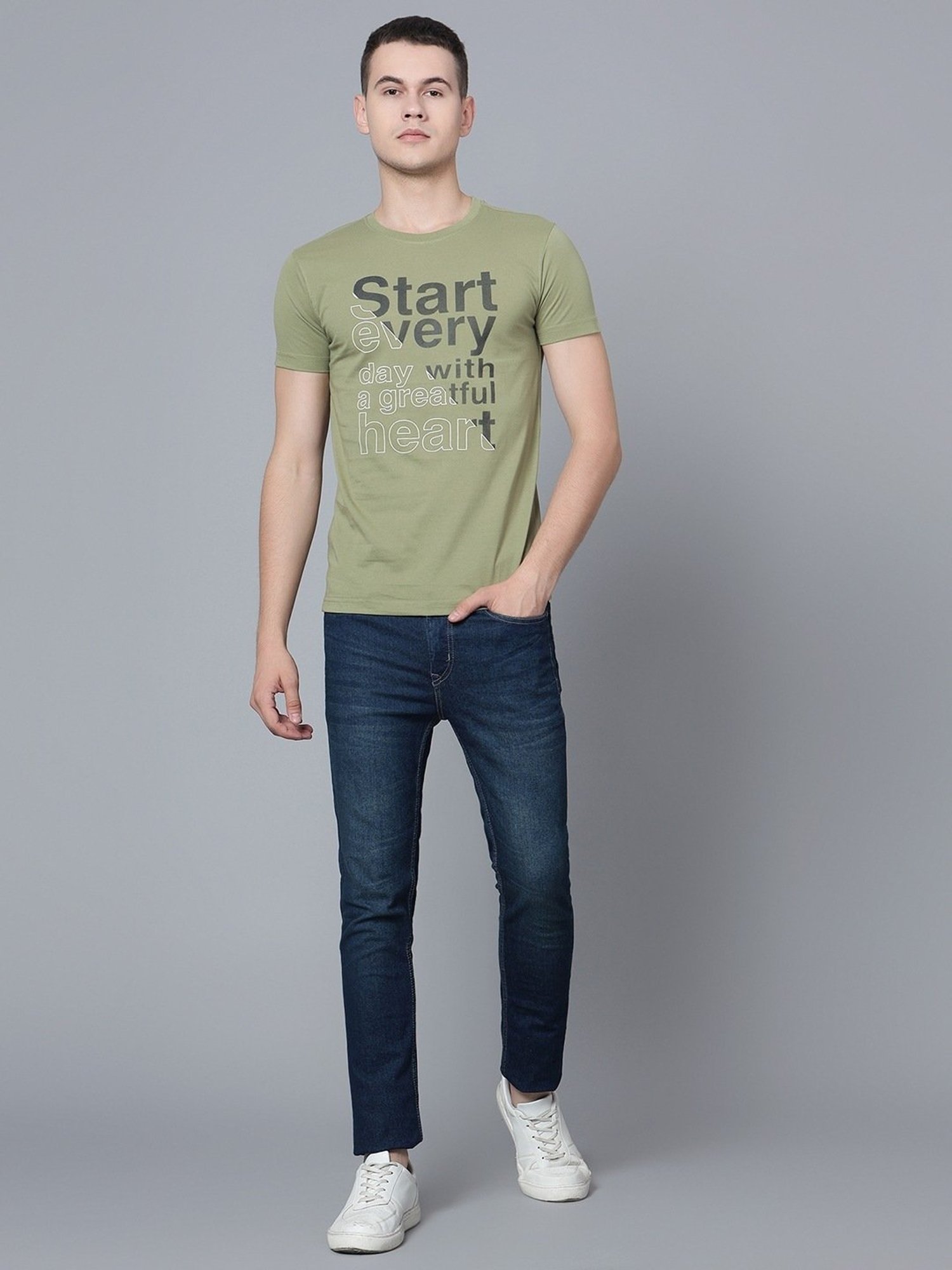 Cantabil Green Cotton Regular Fit Printed T-Shirt