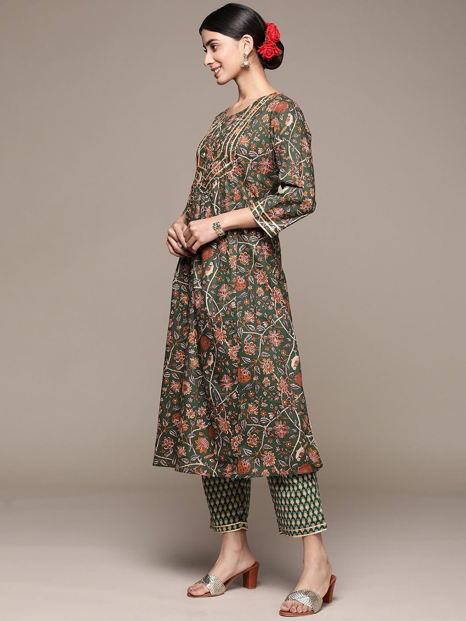 Anubhutee Green Cotton Floral Print Kurta Palazzo Set