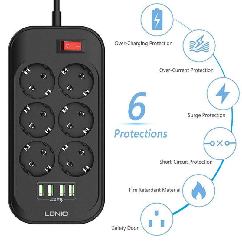 Yijianxi EU Plug Smart Extension Power Strip Home Office Surge Protector With 4 USB 4-port 3.4A EU Pulg