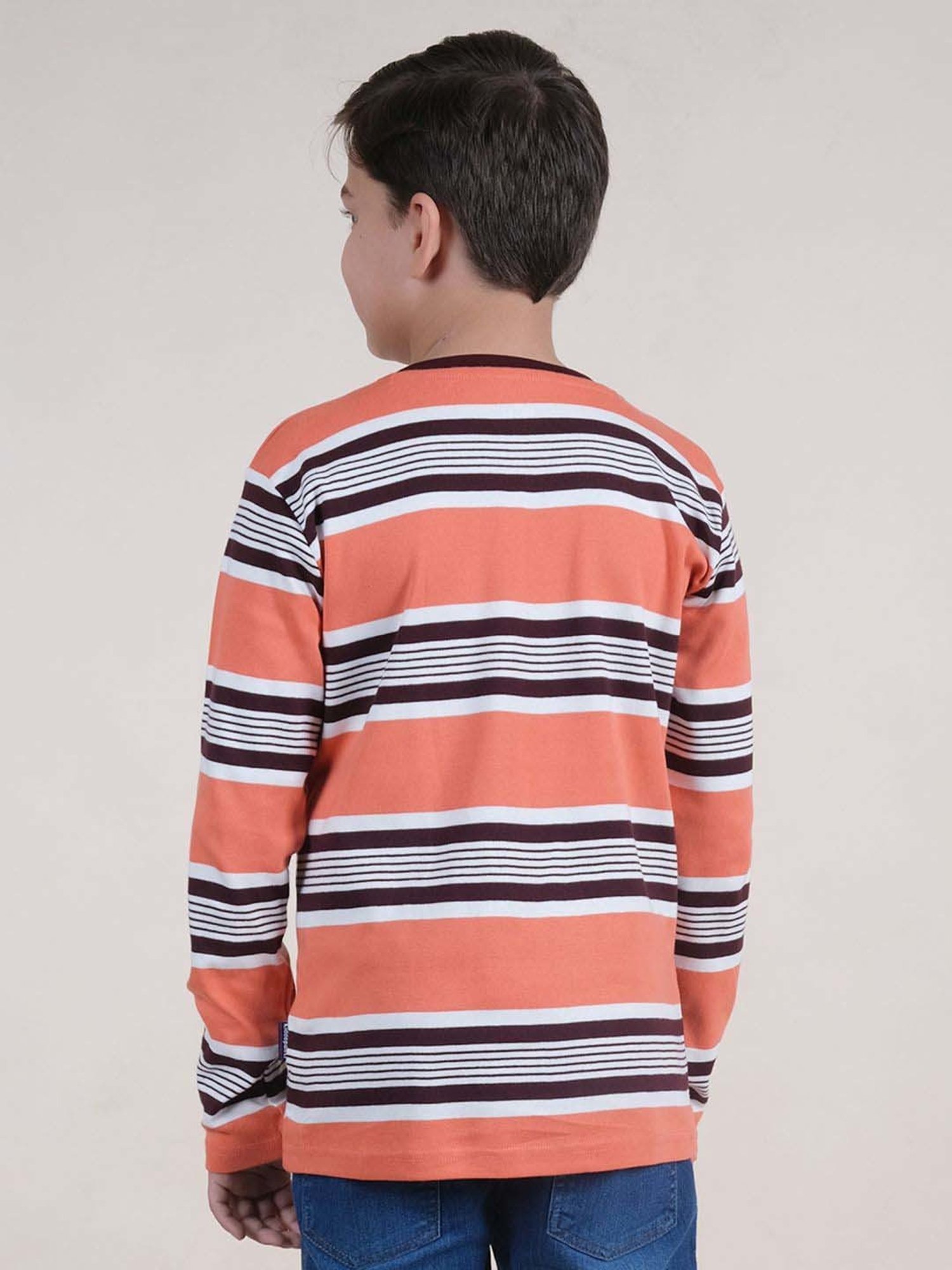 Kiddopanti Boys Orange & Black Cotton Striped Full Sleeves T-Shirts