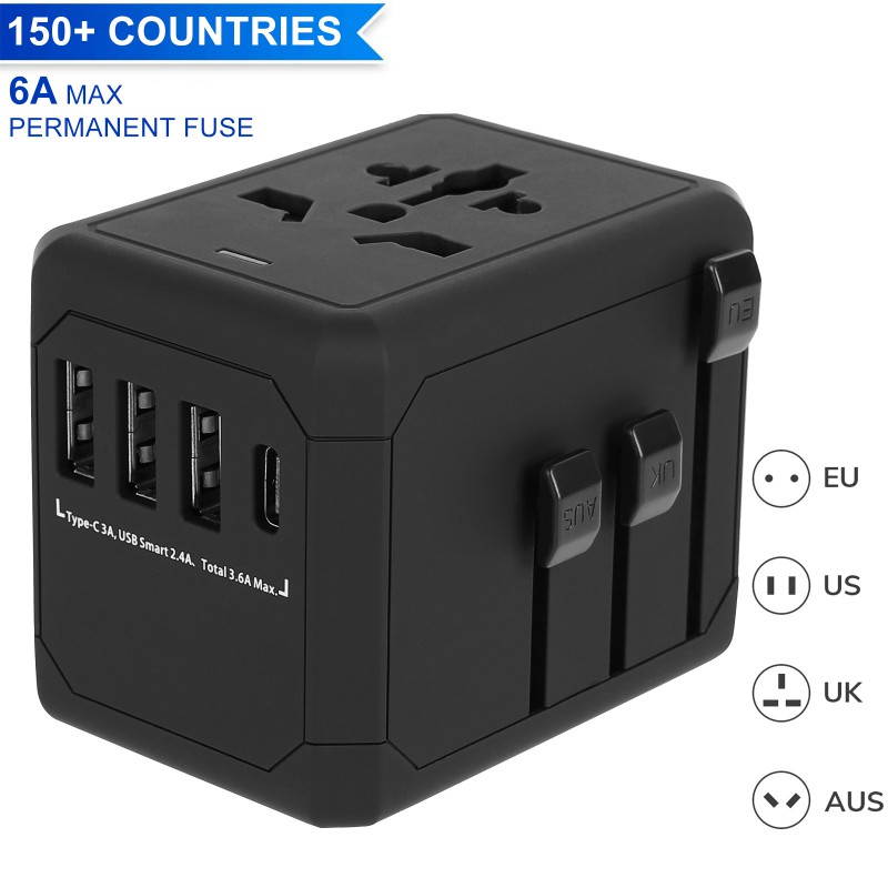 Universal Travel Adapter International Travel Adapter All In On World Power Adaptor Charger With 6.0A Smart Power & 3.6A USB Type-C For USA, EU, UK, AUS 150+ Countries