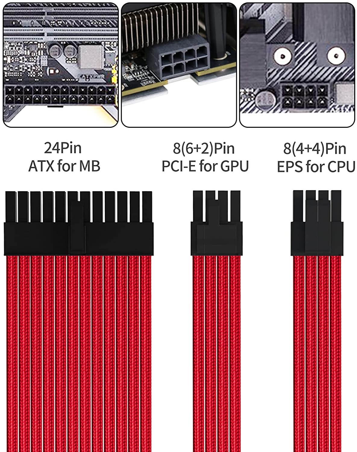 Power Supply Sleeved Cable, Extension PC Kit, 18AWG 24Pin ATX / 8 (4+4) Pin EPS / 8 (6+2) Pin PCI-E Power Supply PSU Cable with Combs, 30CM