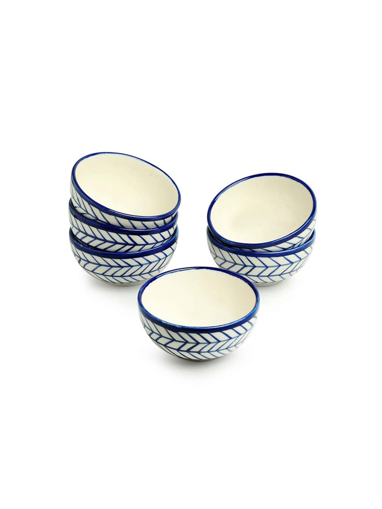 ExclusiveLane 'Indigo Chevron' Hand-painted Ceramic Dining Bowl Katoris (Set of 6, 160 ml)