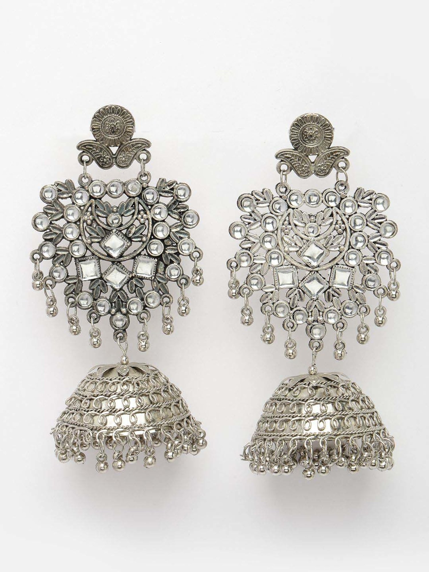 NVR Silver-Plated Oxidized Artificial Stones Dome Shaped Jhumki Earrings for Women