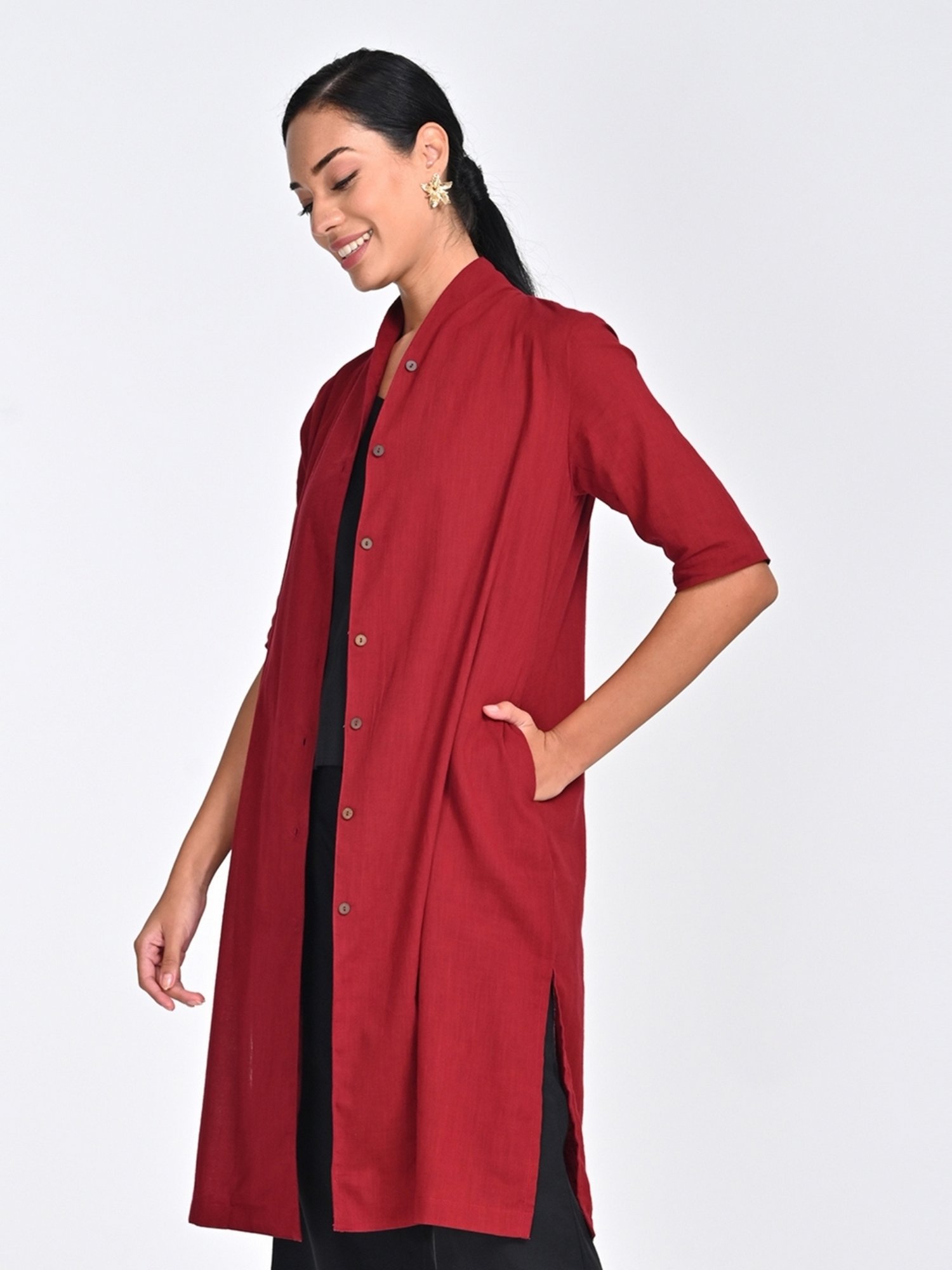 Saltpetre Women Organic Cotton Solid Draped Neck Collar Long Shirt