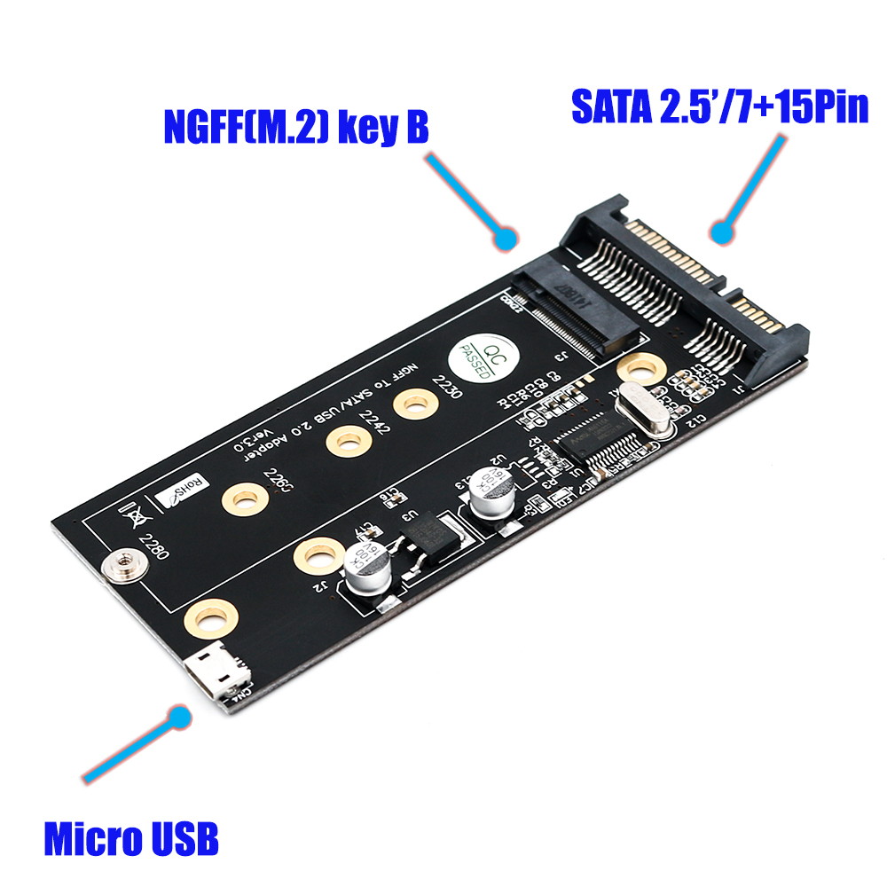 Adapter, NGFF(M.2) Key B SSD to 2.5" SATA, with a 3.5 Hard Drive Bracket and Micro USB Cable