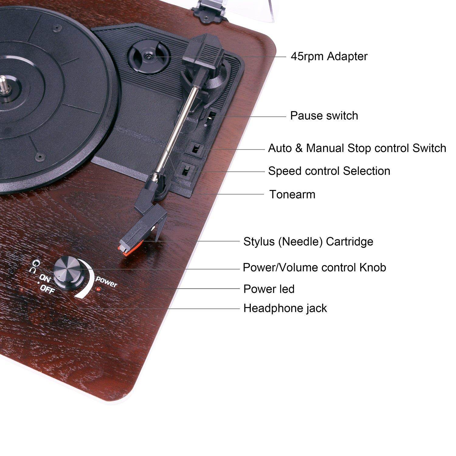 D&L 3-Speed Record Player with Built-in Stereo Speakers, Vintage Phonograph Turntable Support PC Recording, Pitch Control and RCA Output,Wood