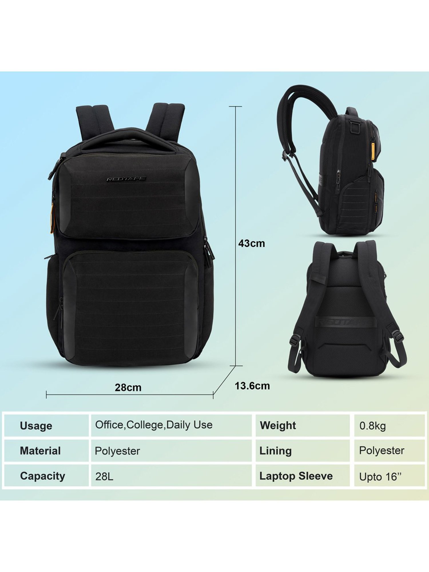 Red Tape 28 L Black Large Laptop Backpack