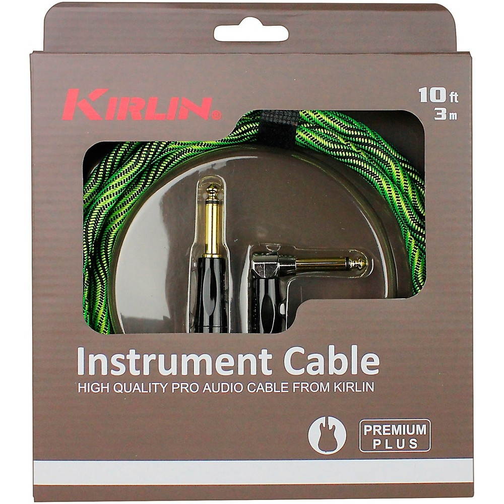 KIRLIN IWB Black/Green Woven Instrument Cable 1/4" Straight to Right Angle 10 ft.