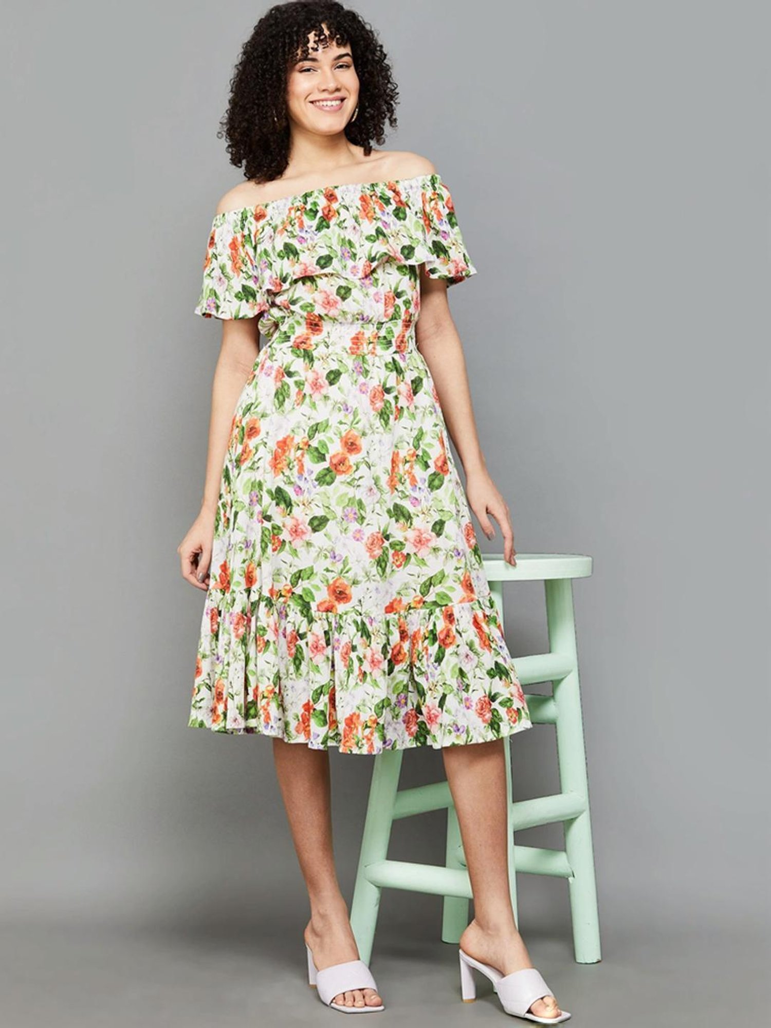 Colour Me by Melange Off-White Cotton Floral Print A-Line Dress