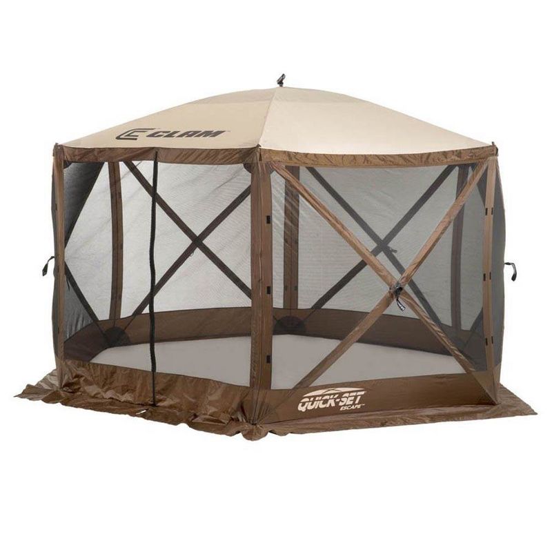 CLAM Quick-Set Escape 11.5 x 11.5 Foot Portable Pop Up Outdoor Camping Gazebo Screen Tent 6 Sided Canopy Shelter with Ground Stakes & Carry Bag, Brown