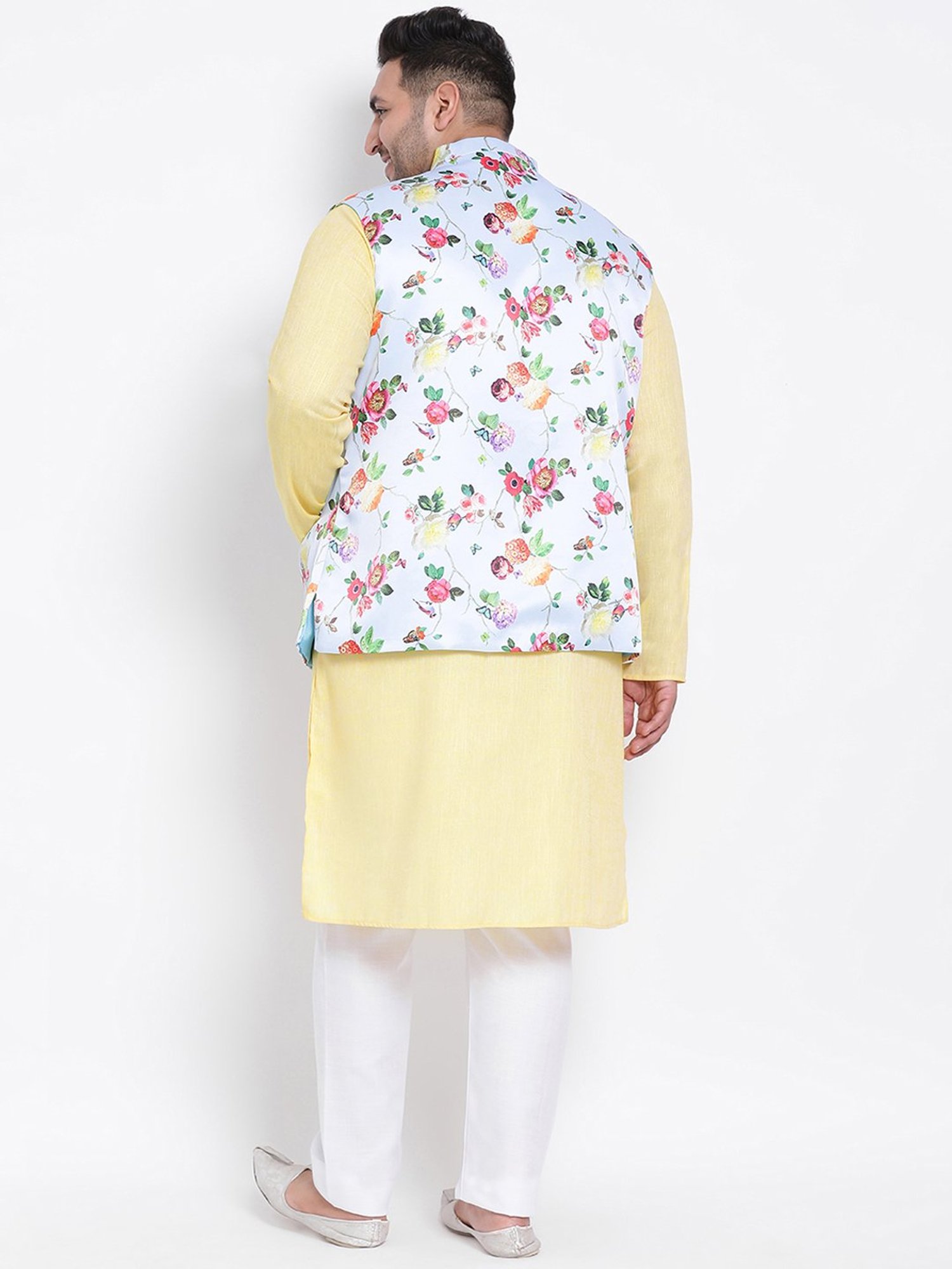 Hangup Plus Yellow & White Regular Fit Plus Size Kurta & Pyjamas Set With Nehru Jacket