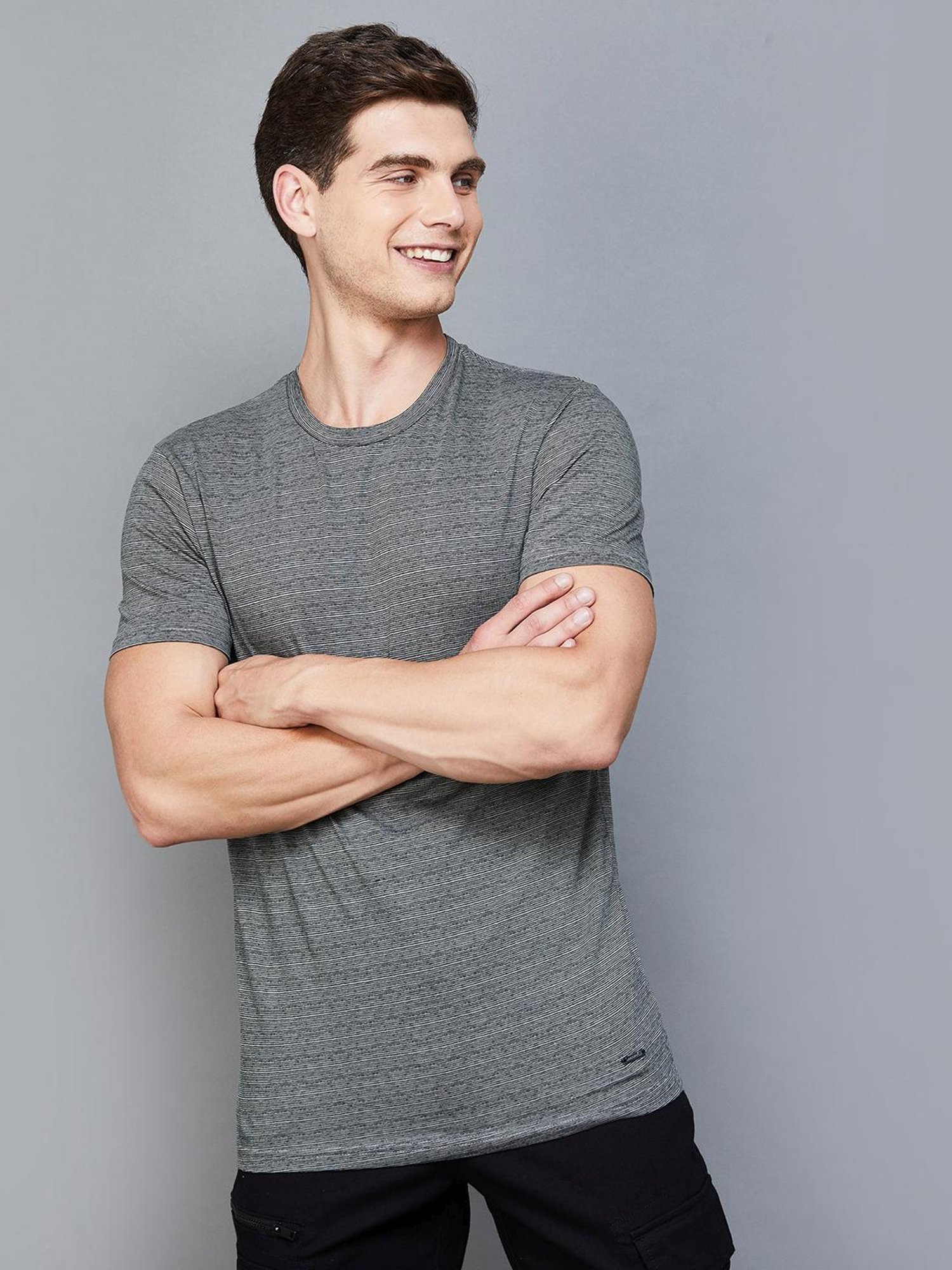 BOSSINI Black Cotton Regular Fit Self Pattern T-Shirt