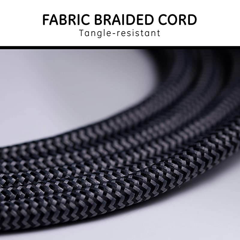 Designer Extension Cord with Sur Protection Braided Power Cord 15 ft 3 Grounded Outlets Flat Plug Premium BlackGrey 44237