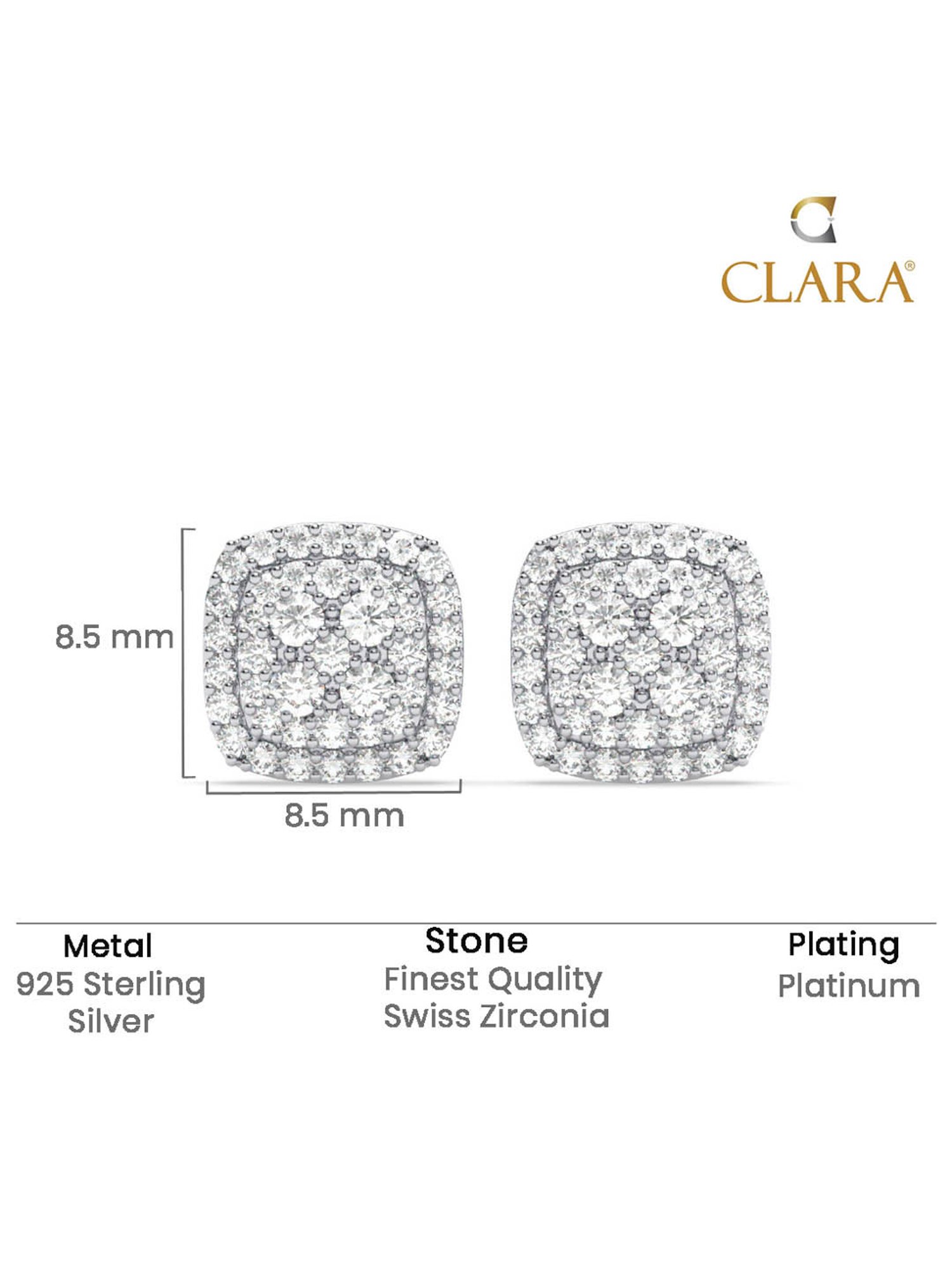Clara 925 Silver Platinum Plated Swiss Zirconia Queen of Diamonds Stud Earrings Gift for Women