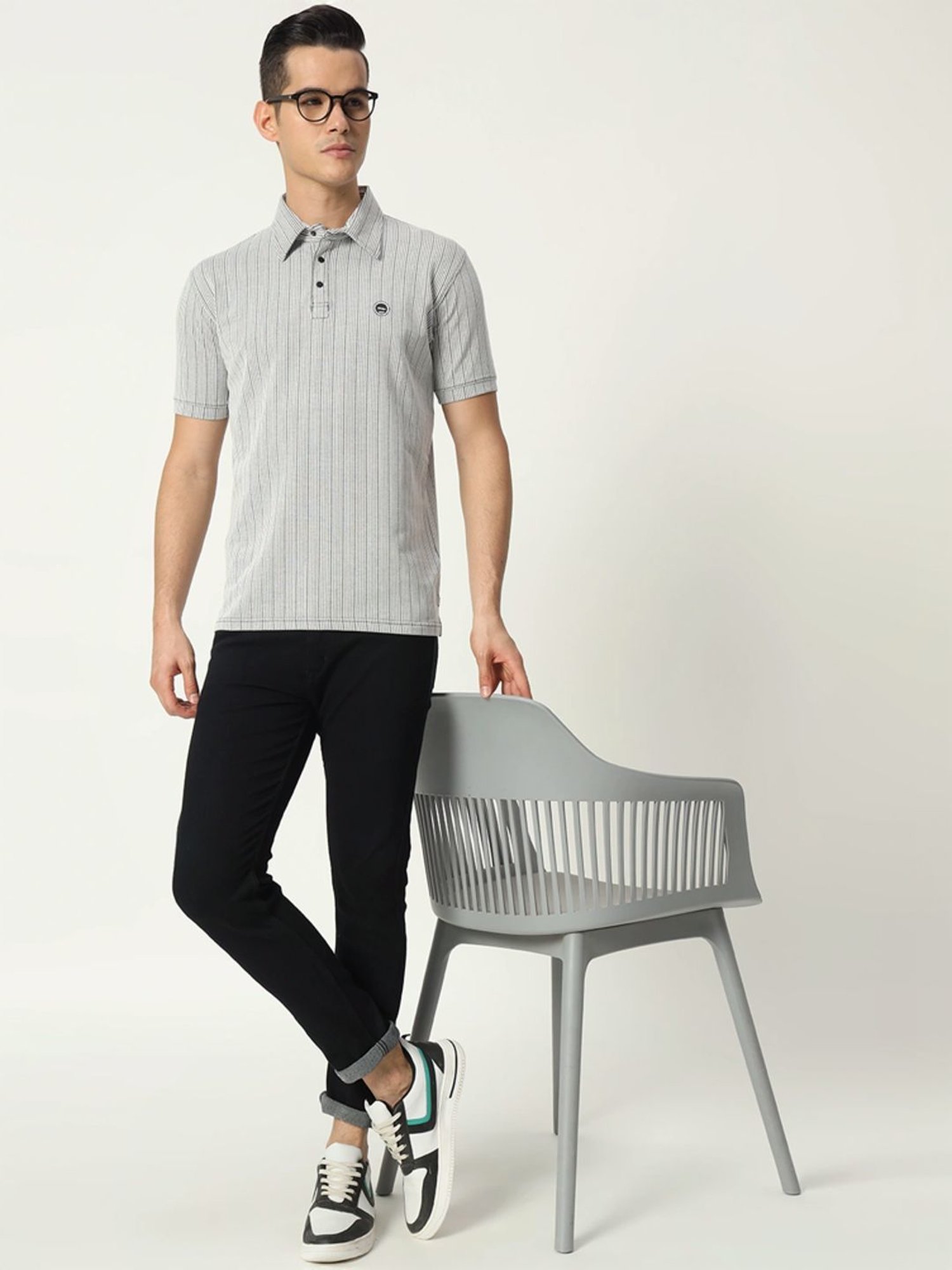 Tab91 Grey Regular Fit Striped Polo T-Shirts