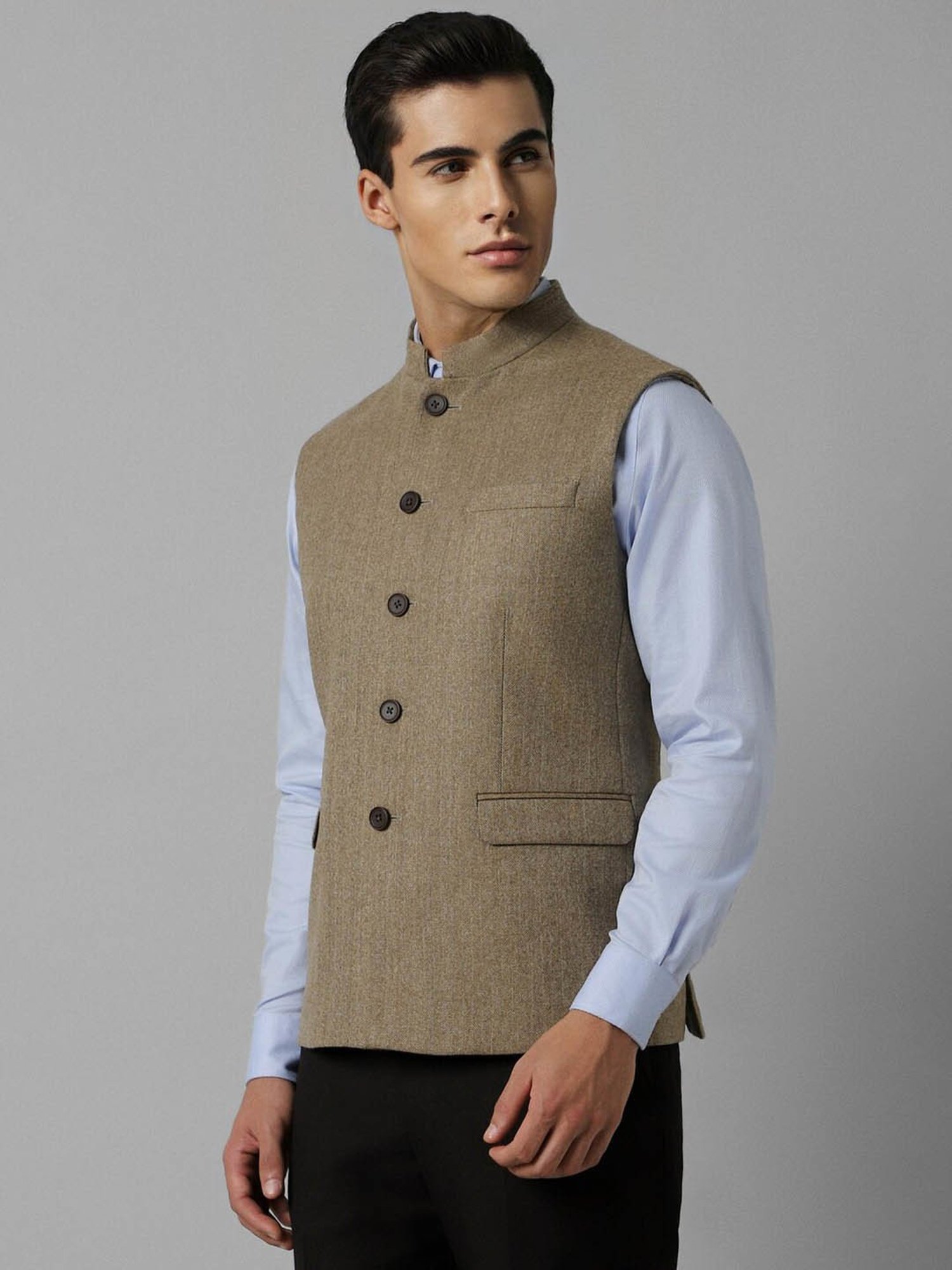 Louis Philippe Khaki Slim Fit Texture Nehru Jacket