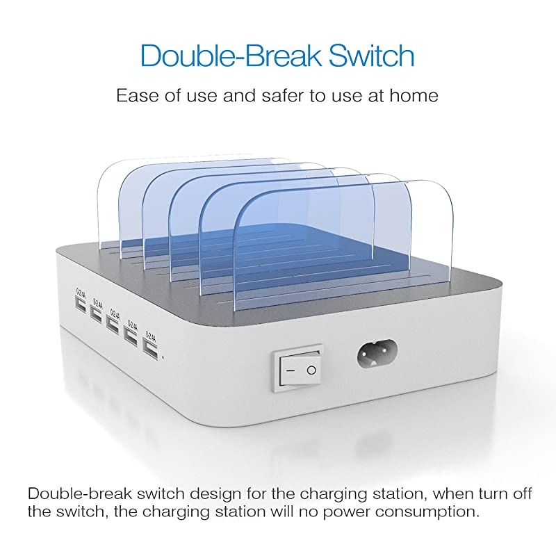 Charging Station for Multiple Devices,  5 Port Multi USB Charger Station with Power Switch Compatible with iPhone, iPad, Cell Phone, Tablets (White, 5 Mixed Short Cables Included)