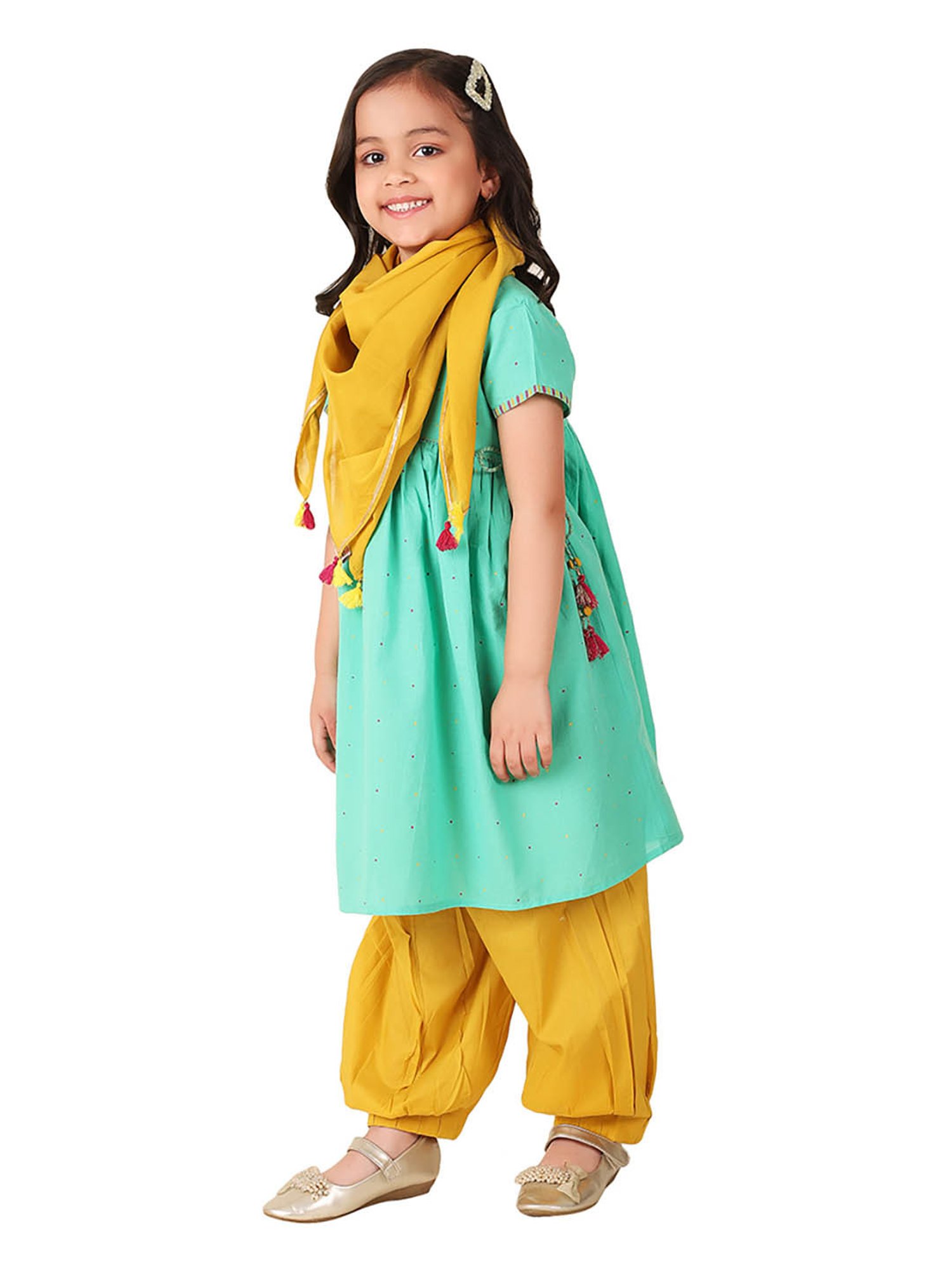 Fabindia Kids Green & Yellow Printed Kurta, Salwar with Dupatta