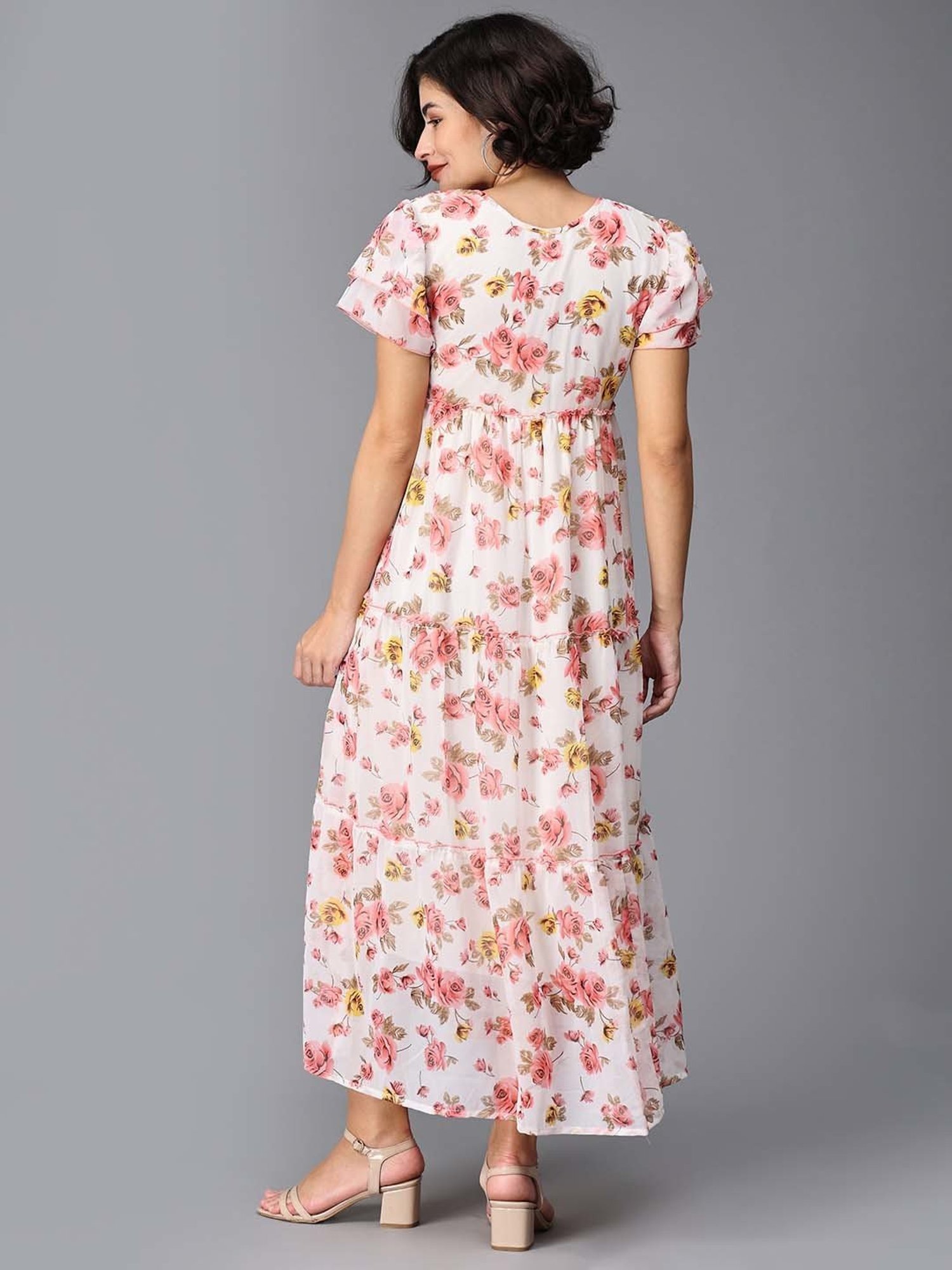 The Mom Store White Floral Print Tiered Maternity Dress