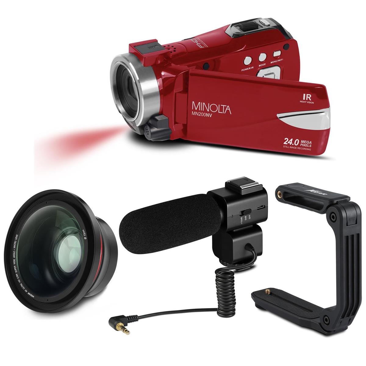 Minolta MN200NV 24MP FHD Night Vision Camcorder, Red, Premium Acc. Kit
