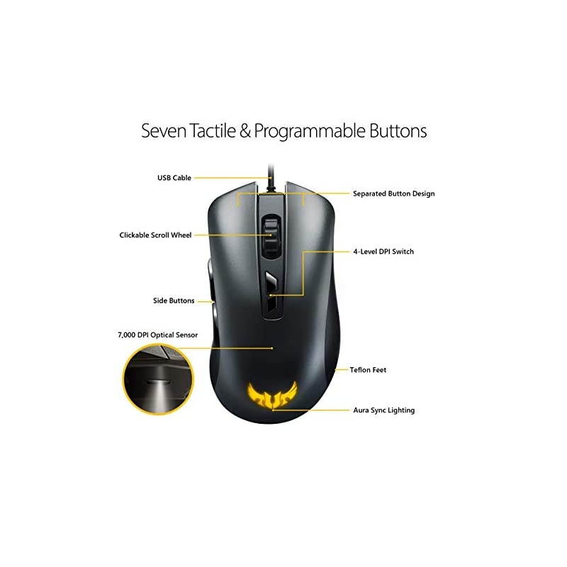 Optical RGB Gaming Mouse TUF M3 | Ergonomic Lightweight RightHanded Wired Gaming Mouse for PC | 7000 DPI GamingGrade Optical Sensor | Omron Switches | 7 Buttons | Aura Sync RGB Lighting