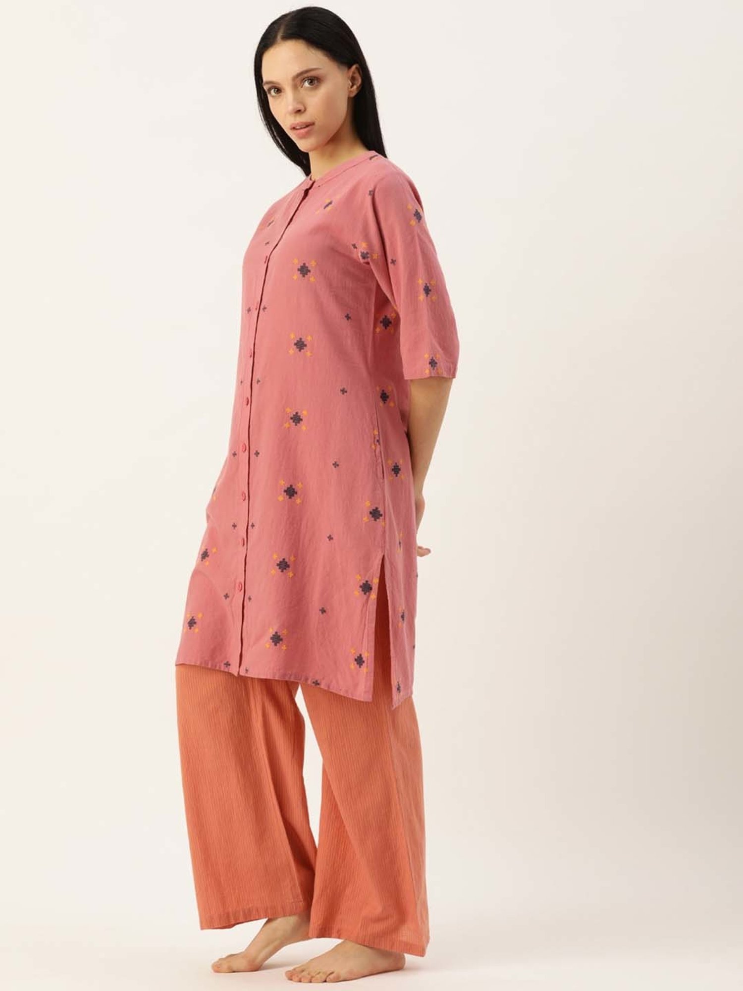 Clt.s Peach Cotton Embroidered Kurta Palazzo Set