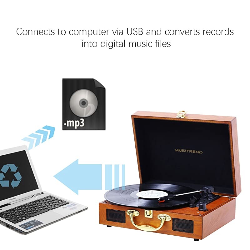 Bluetooth Portable Suitcase Record Player, 3-Speed Belt-Drive Vinyl Record Player with Stereo Speakers Headphone Jack Aux Input RCA Line Out, Vintage Style Turntable (Black)