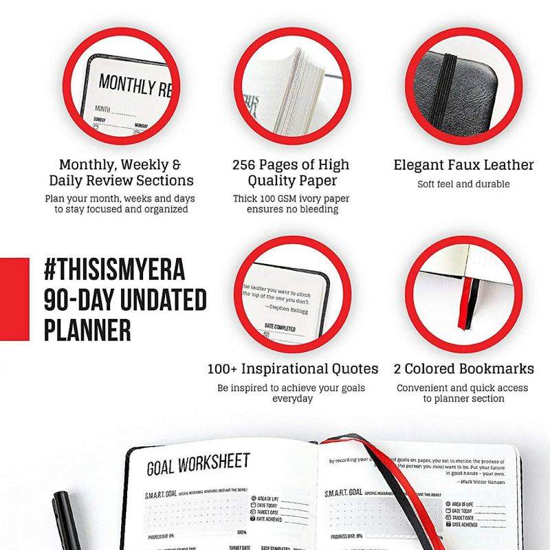 A5 Daily Planner Calendar & Journal: Durable, Smart System Tracker with Inspirational Quotes, Weekly & Monthly Goal Planners, 90 Day Time Management Calendars, Gratitude Journals & Diary Notebook