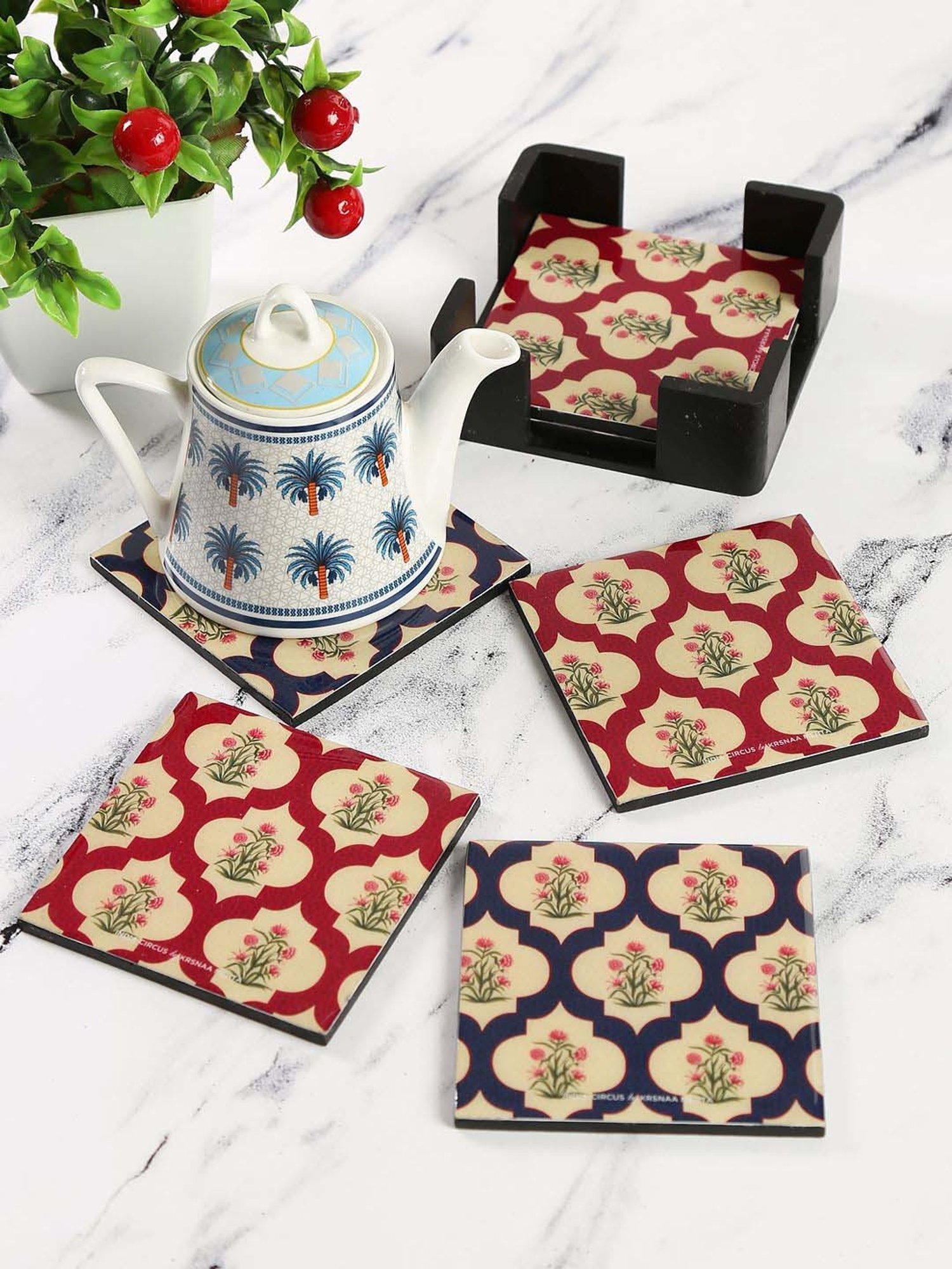 India Circus by Krsnaa Mehta Blue & Red Mdf Poppy Flower Table Coaster - Set of 6