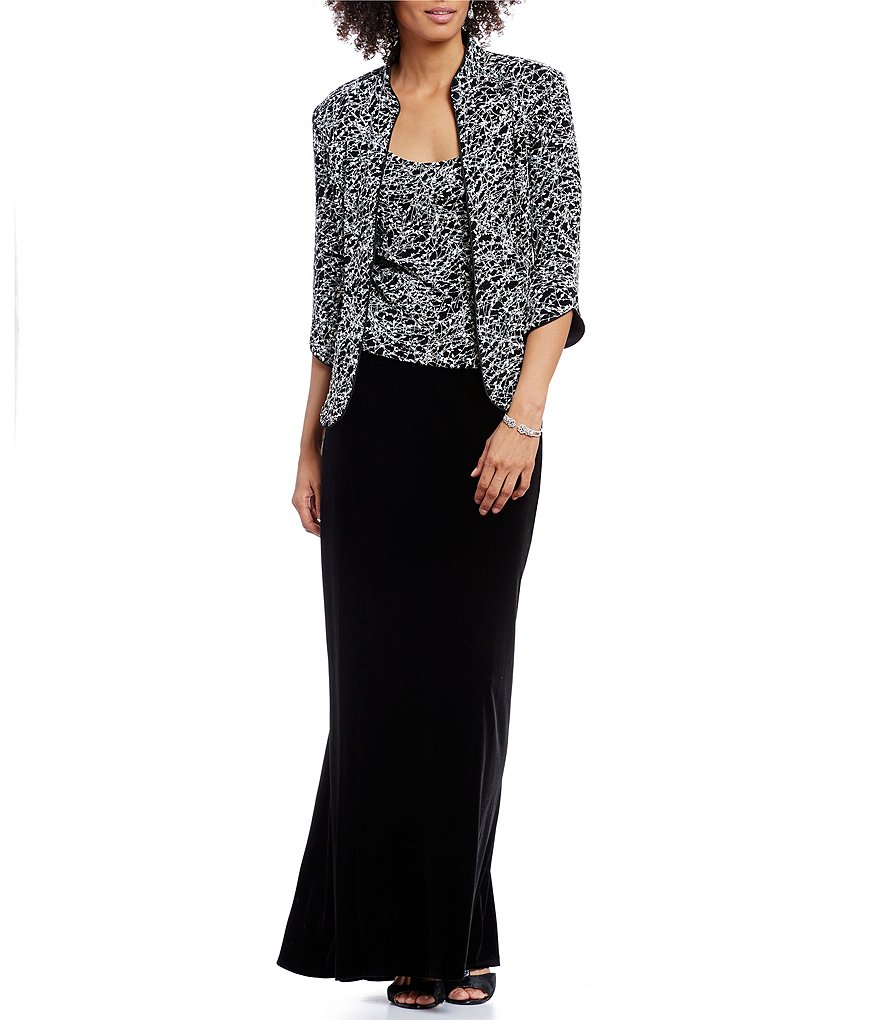 Jkara Petite Size V-Neck 3/4 Sleeve Beaded Bodice Gown