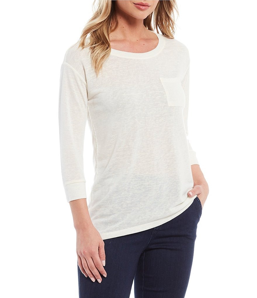 Intro Petite Size Onion Skin Stripe 3/4 Sleeve Dropped Shoulder Pocket Tee