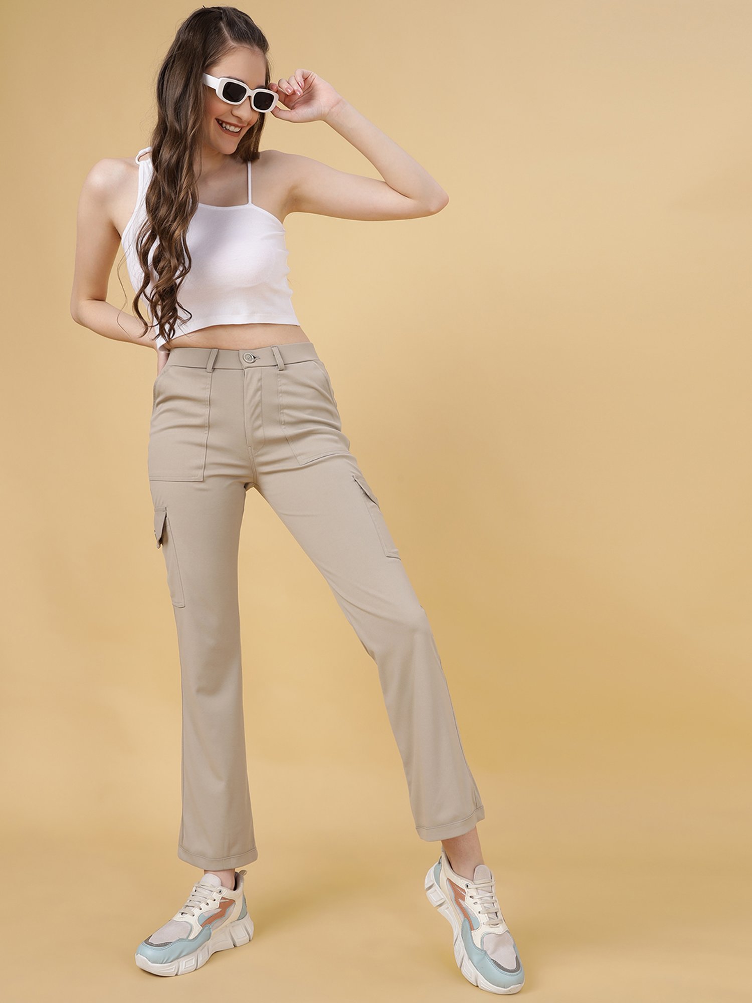 FITHUB Beige Relaxed Fit High Rise Cargo Pants