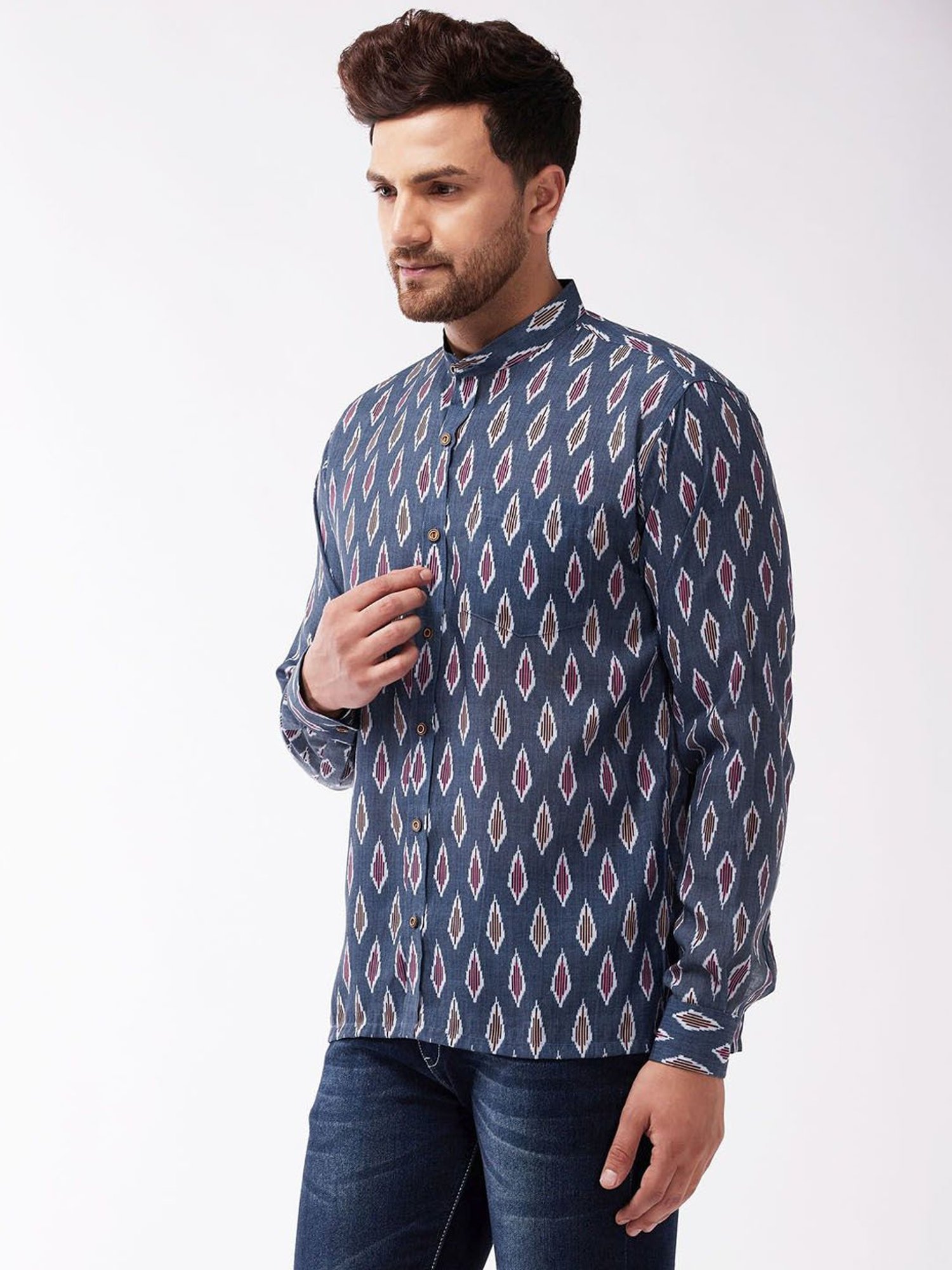 Vastramay Grey Cotton Straight Fit Printed Shirts