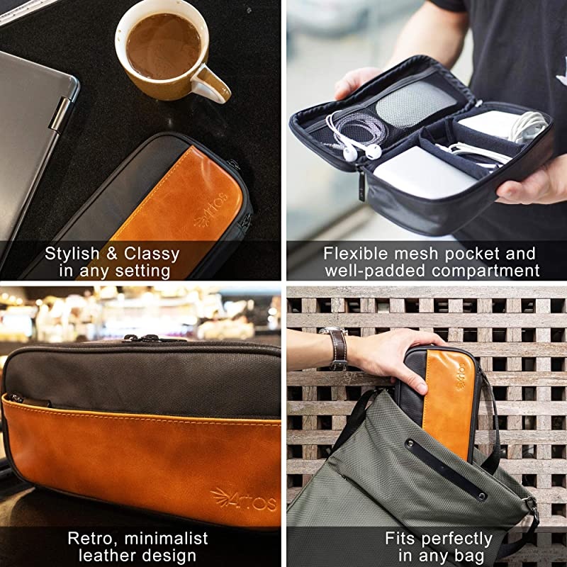 Leather Canvas Electronics Organizer Case Accessories Bag W 3 Leather Cable Straps | Tech Gadget Zipper Pouch| for Cord Phone Tablet Laptop Chargers Power Bank