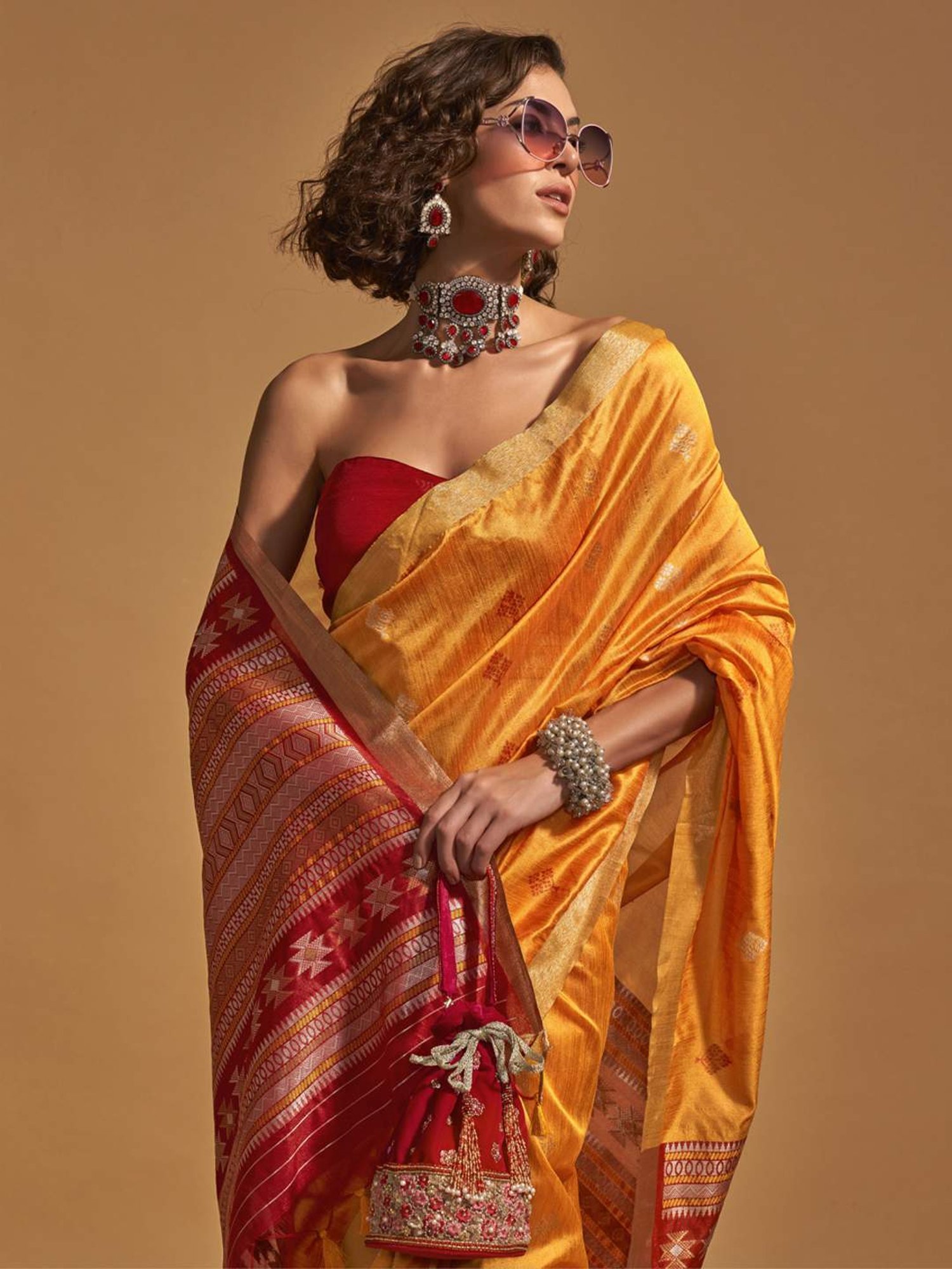 Unnati Silks Red Silk Printed Saree With Unstitched Blouse