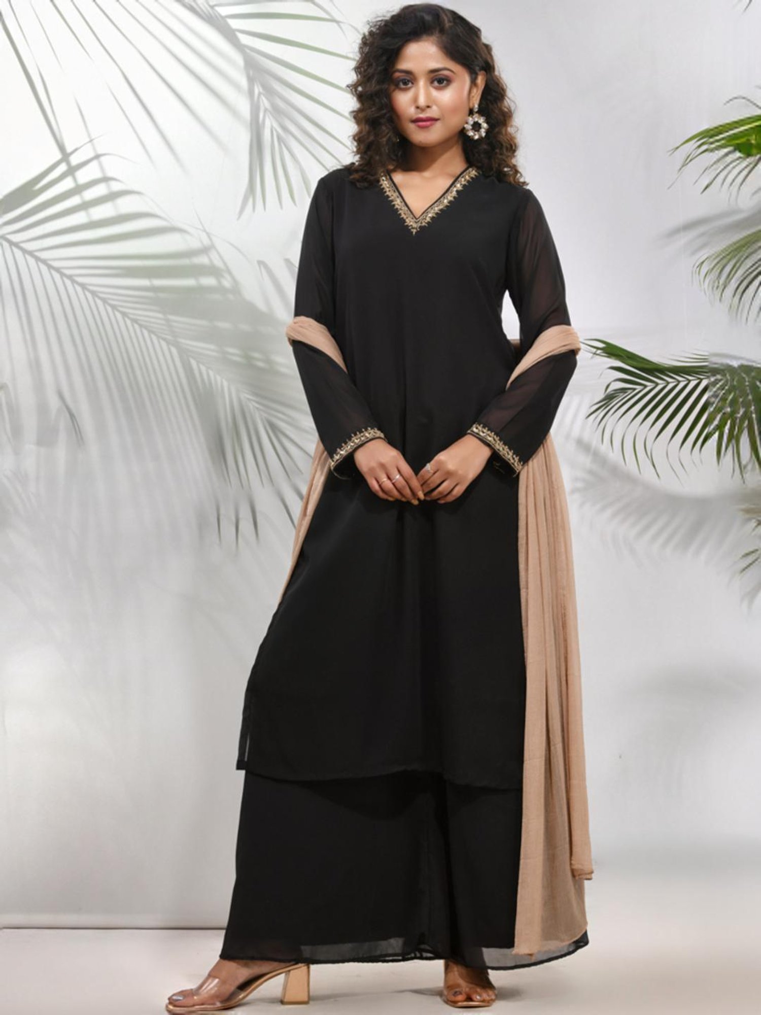 Charukriti Black Embellished Kurta Palazzo Set With Dupatta