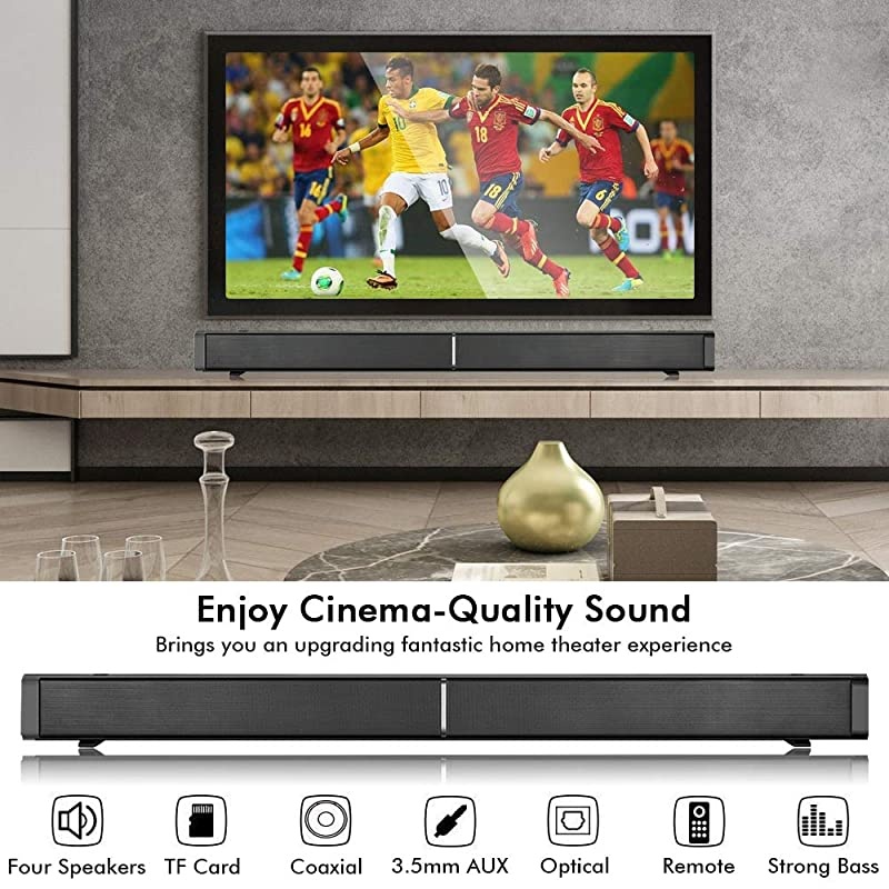 Sound Bar 20 Channel Home Theater Sound Bar with Builtin Subwoofer Wired and Wireless Bluetooth 50 Audio Speaker 32 Inch 60W DSP Bass AdjustableWall Mountable