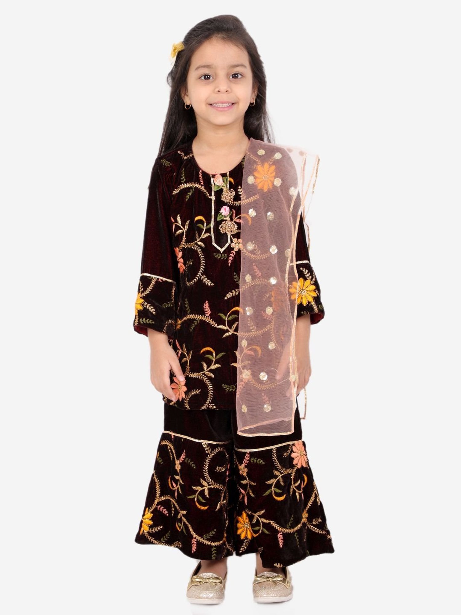 Little Bansi Kids Maroon Embroidered Suit Set