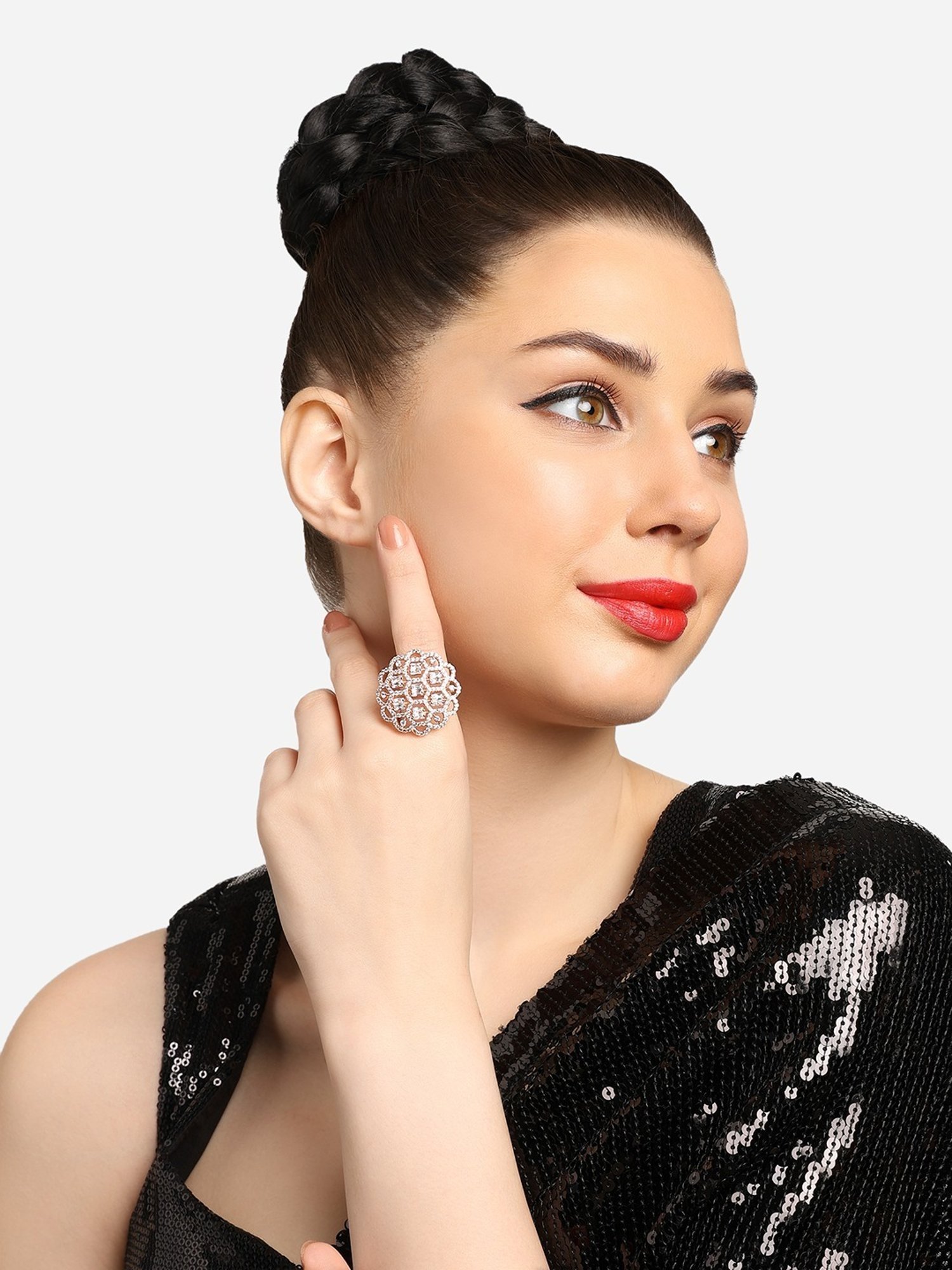 Zaveri Pearls Rose Gold Dazzling Cubic Zirconia Party Bling Adjustable Finger Ring-ZPFK16893