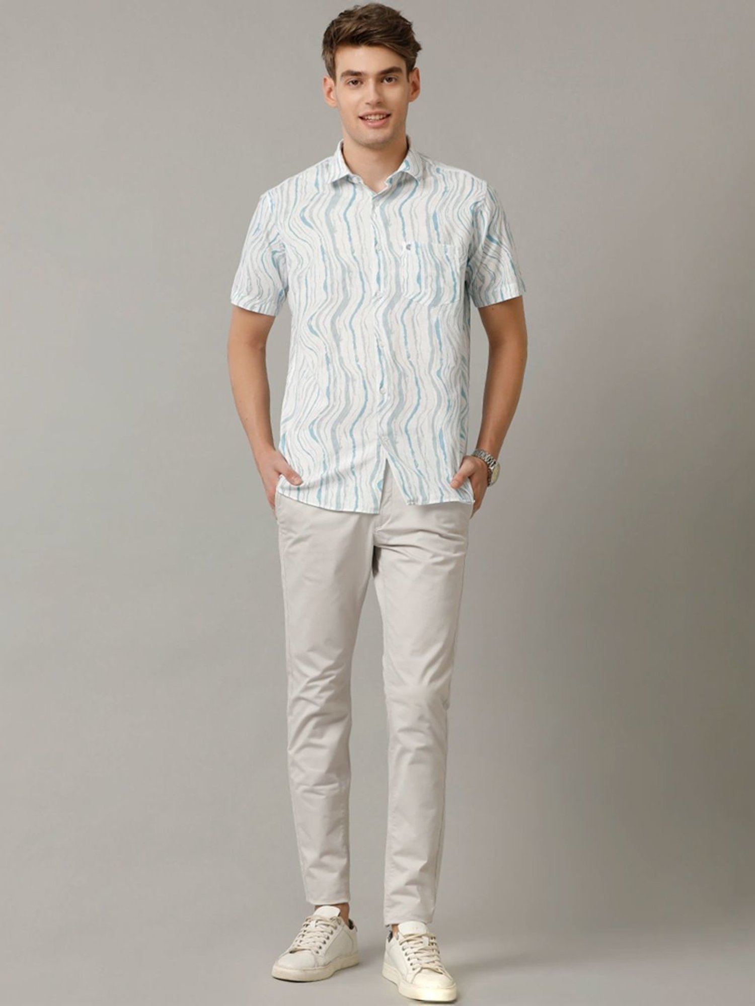 Cavallo By Linen Club Blue Linen Contemporary Fit Printed Shirt