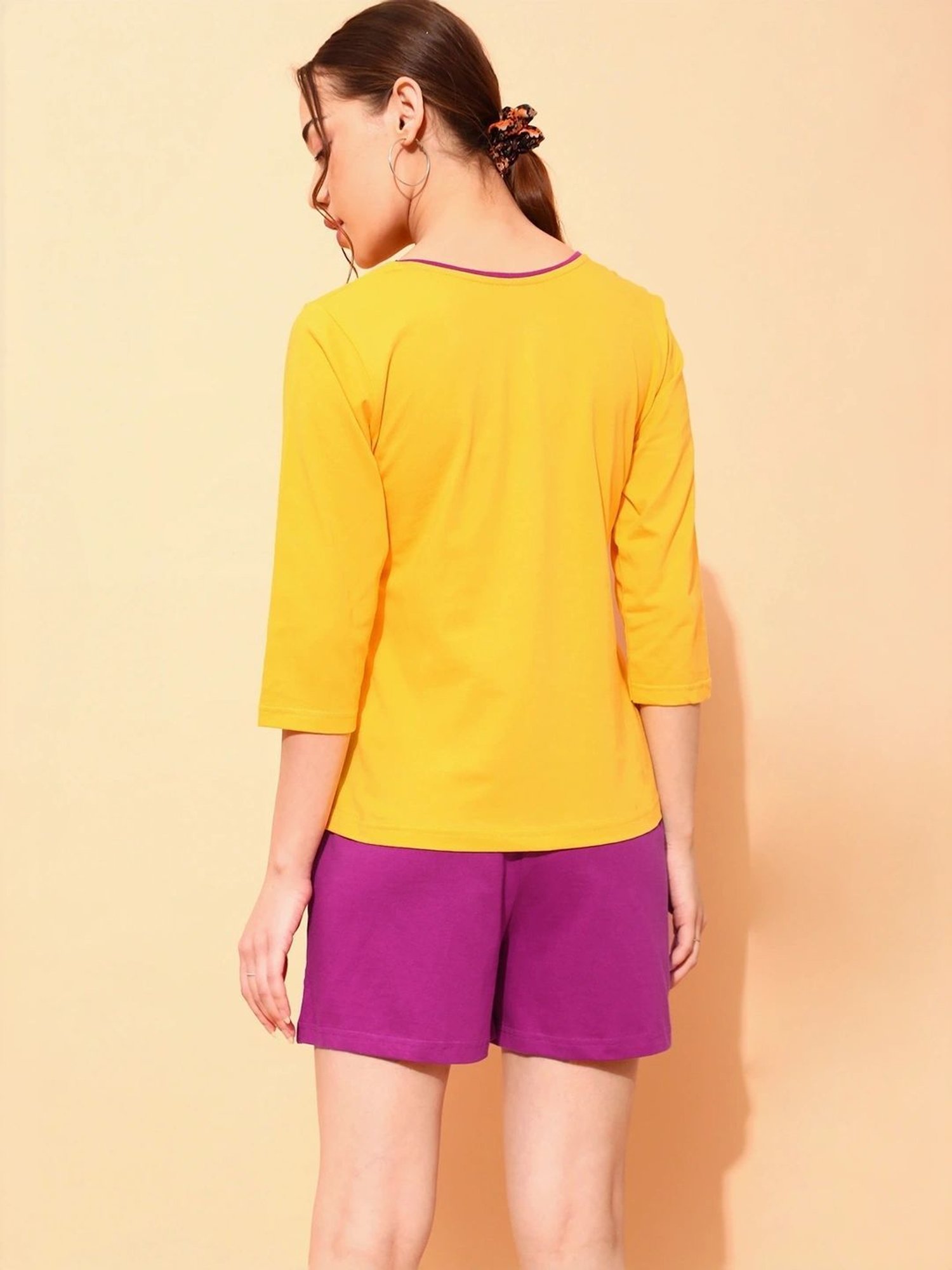 Clovia Yellow & Purple Printed Top With Shorts