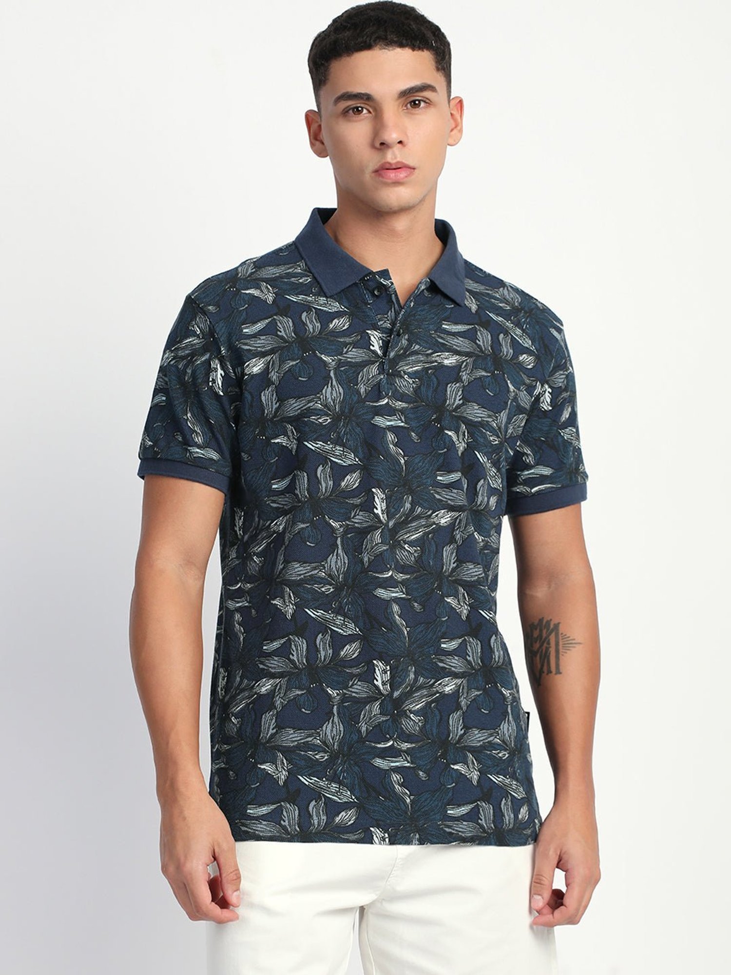 The Bear House Blue Cotton Regular Fit Printed Polo T-Shirt
