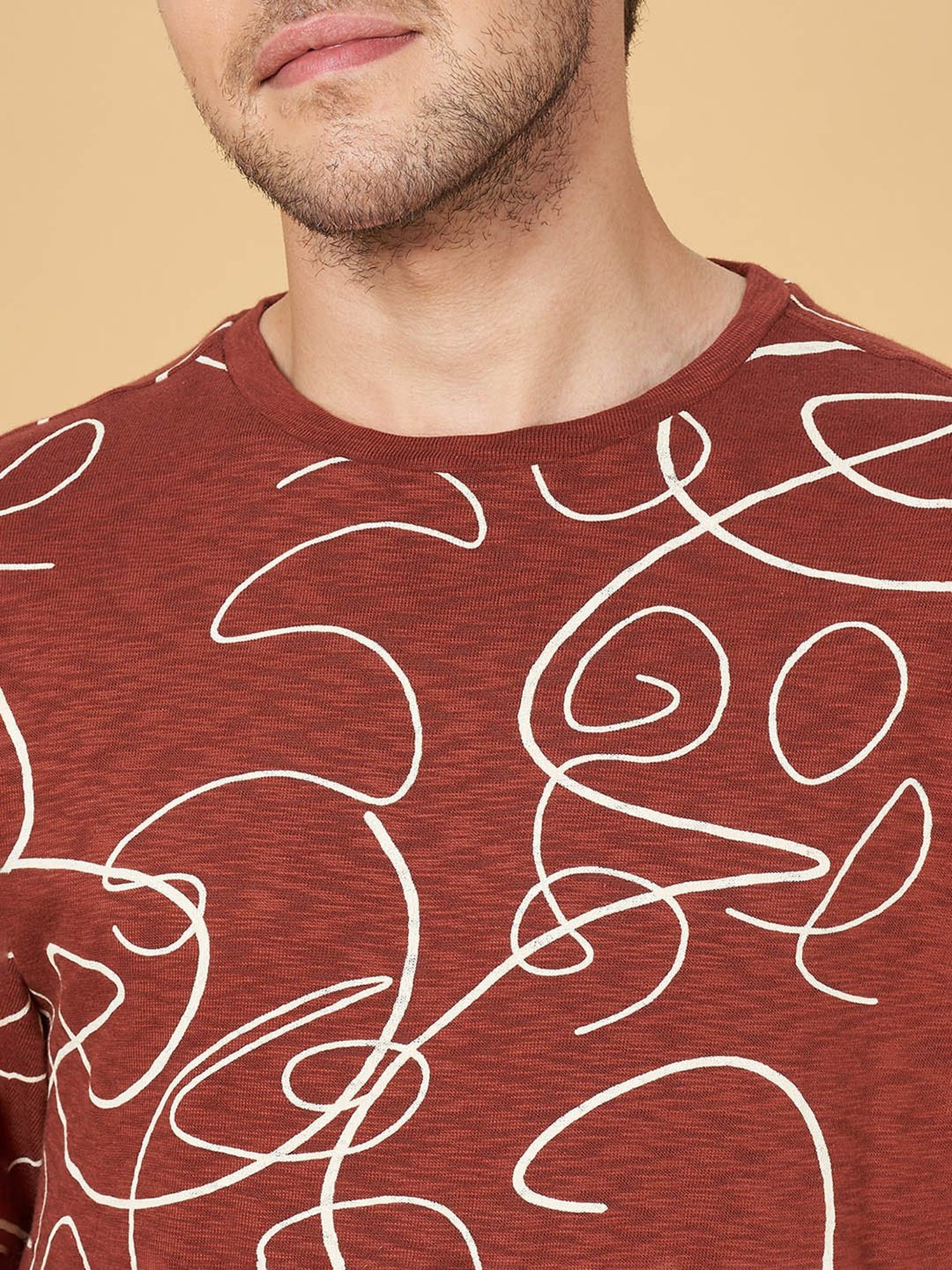 7 Alt by Pantaloons Coffee Cotton Relaxed Fit Printed T-Shirt