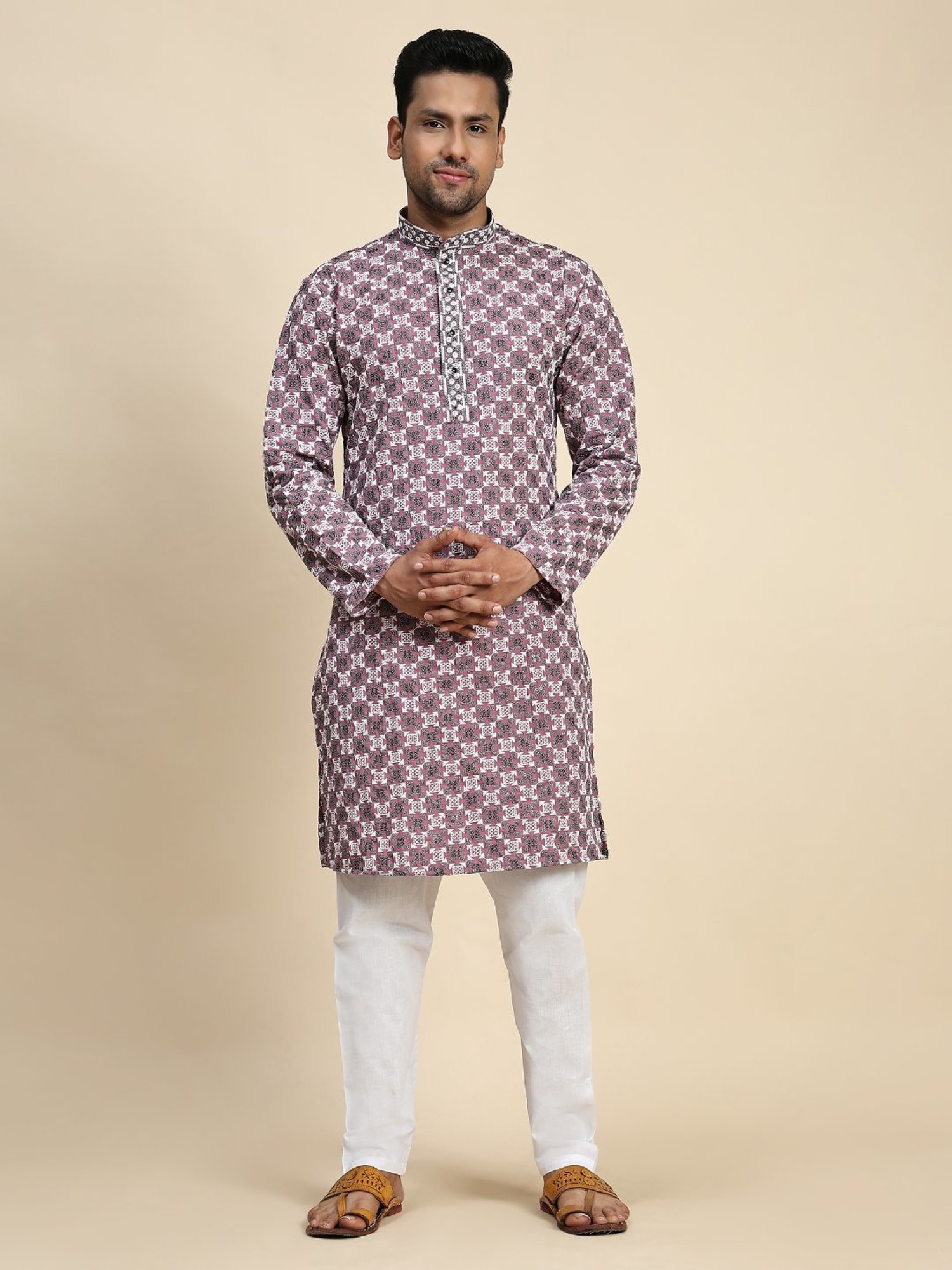 Pro-Ethic Style Developer Pink & White Cotton Regular Fit Embellished Kurta Bottom Set