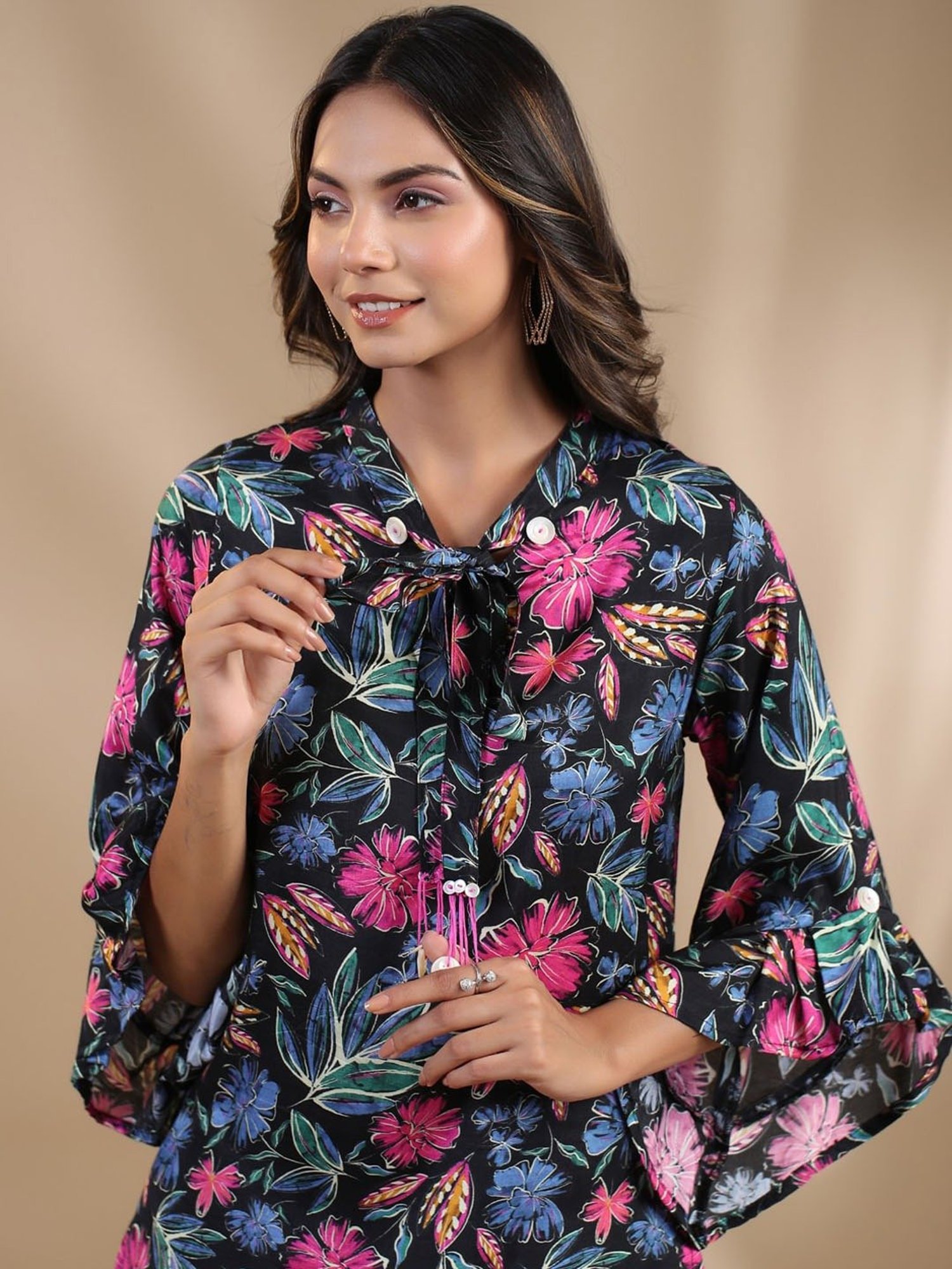 READIPRINT FASHIONS Black Floral Print Top Palazzo Set